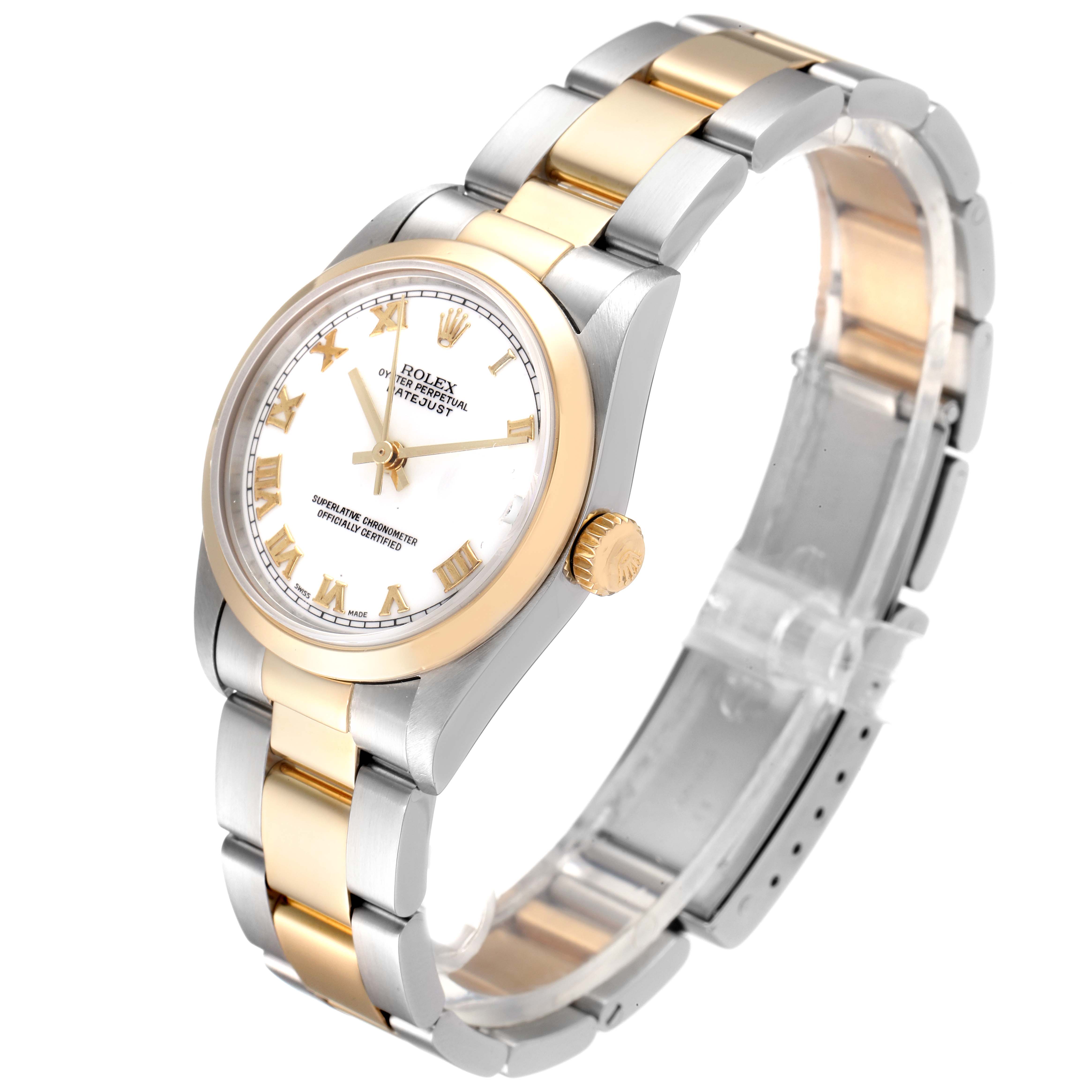 This image shows a side view of the Rolex Mid-Size 78243 Women
s Steel and Gold (two tone) White Dial 78243 Women
s Steel and Gold (two tone) White Dial model with its dial, bezel, crown, and two-tone bracelet visible.