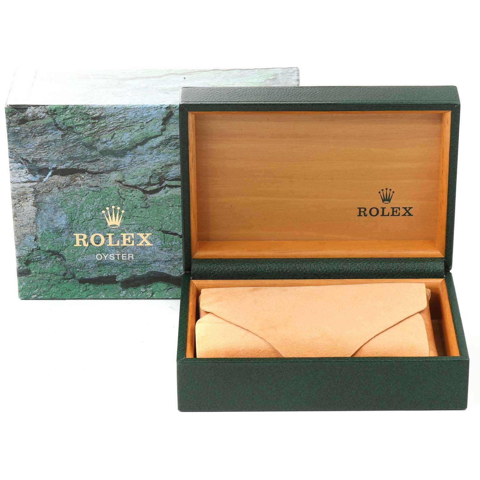 The image shows an open Rolex watch box and a green textured outer box with "Rolex Oyster" branding, but the Mid-Size watch is not visible.