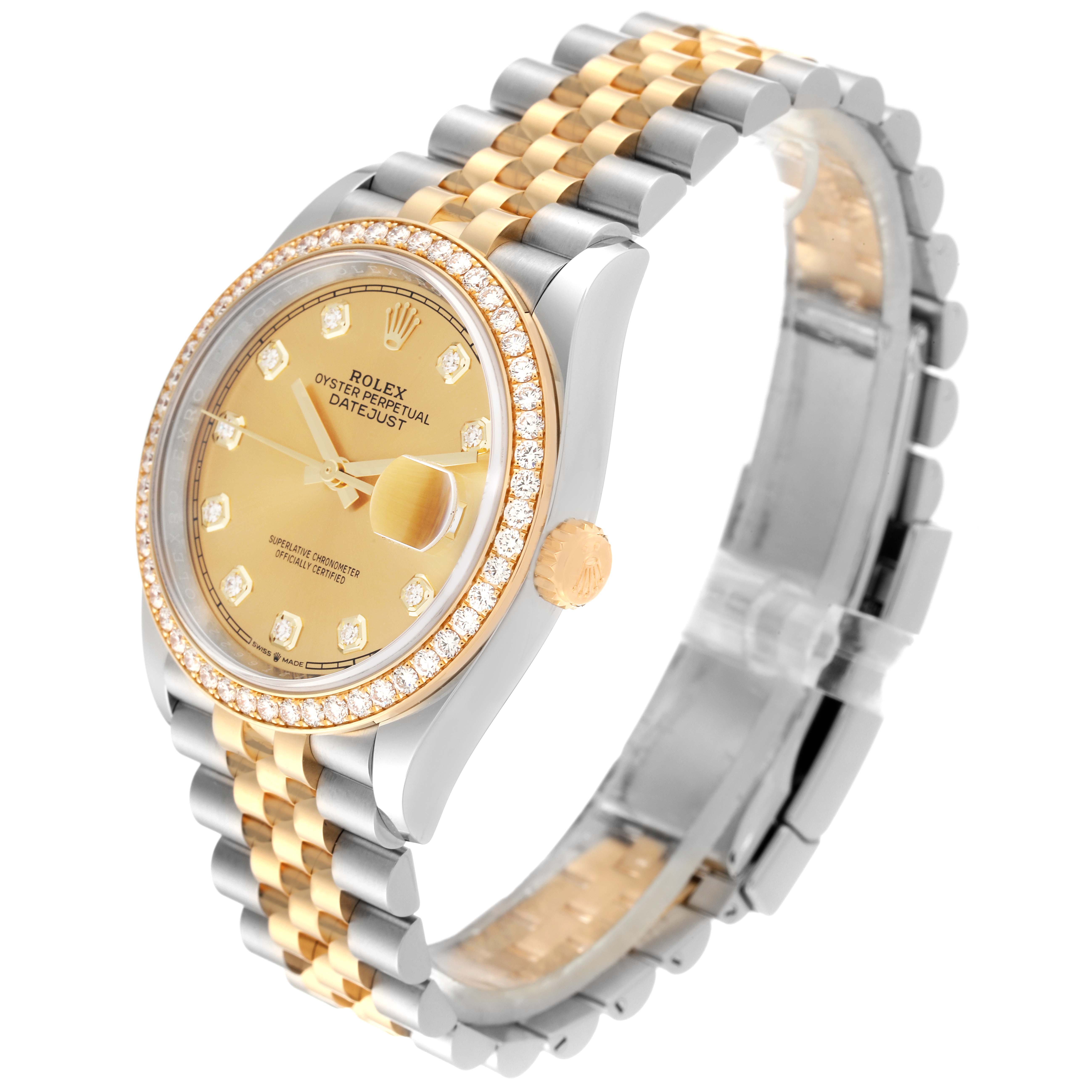 The Rolex Datejust 126283 Men's Steel and Gold (two tone) Champagne Dial 126283 Men's Steel and Gold (two tone) Champagne Dial watch is shown at a slight angle, highlighting the bezel, dial, crown, and Jubilee bracelet.