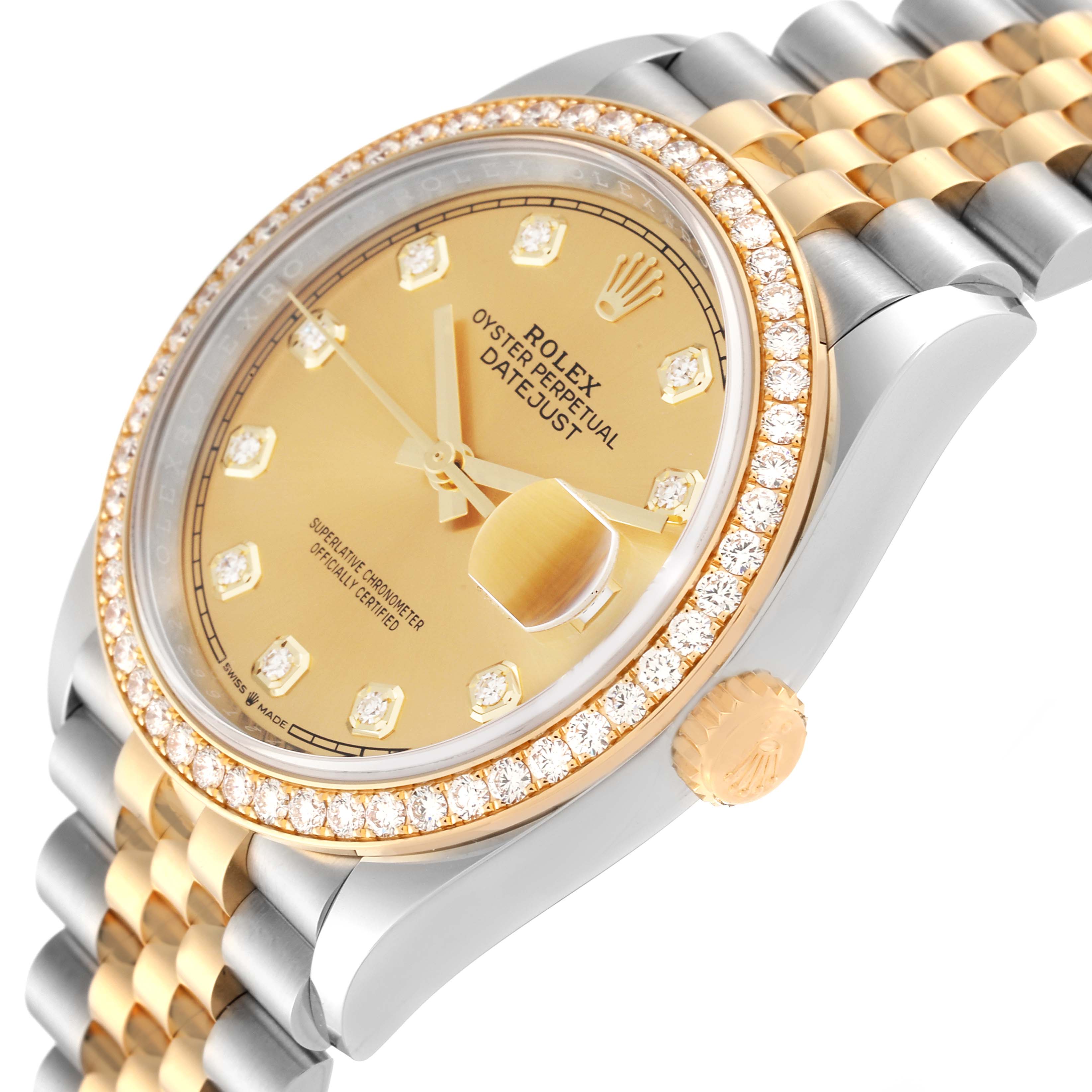The Rolex Datejust 126283 Men's Steel and Gold (two tone) Champagne Dial 126283 Men's Steel and Gold (two tone) Champagne Dial watch is shown at an angle displaying the face, bezel, crown, and bracelet in detail.