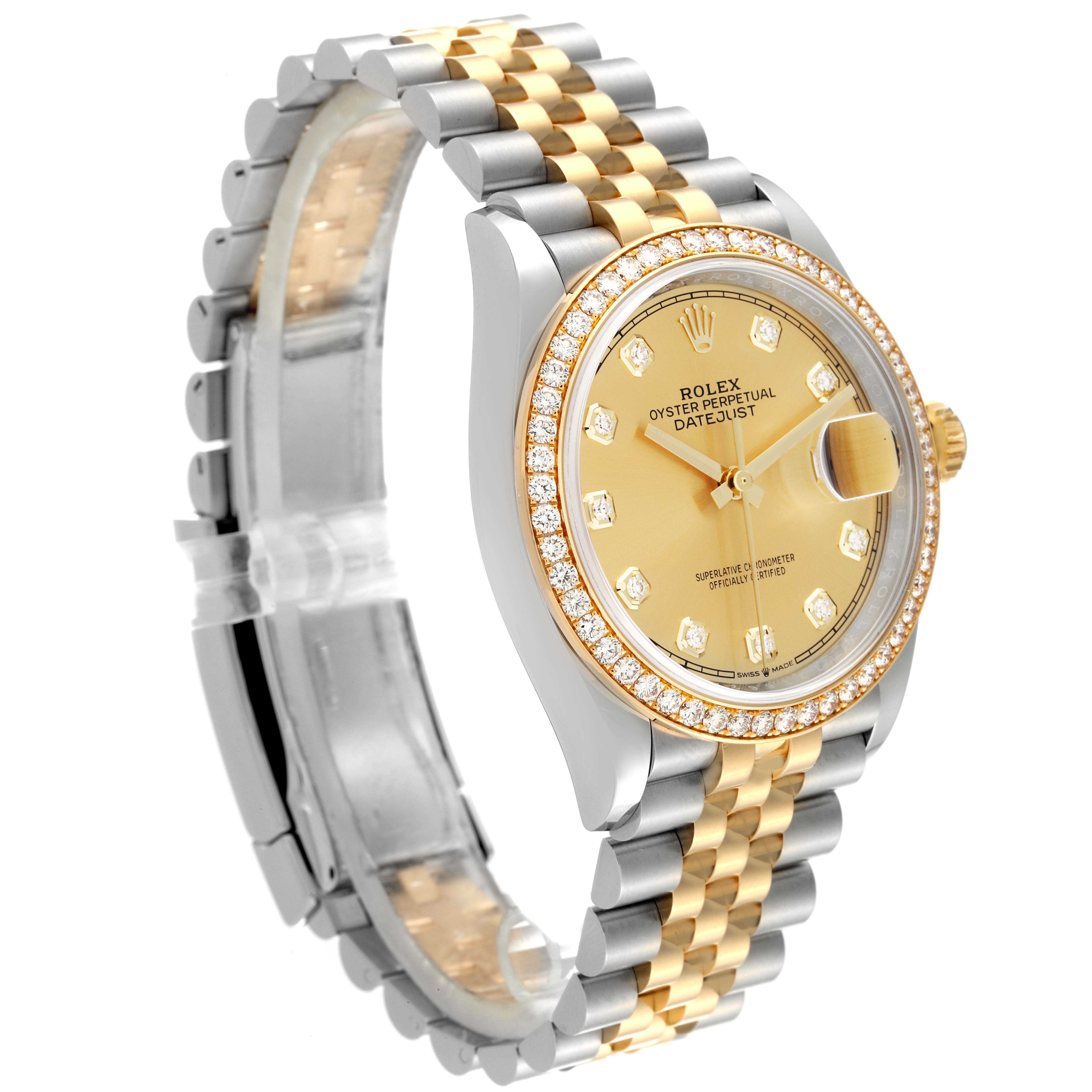 The Rolex Datejust 126283 Men's Steel and Gold (two tone) Champagne Dial 126283 Men's Steel and Gold (two tone) Champagne Dial watch is shown at a three-quarter angle, displaying the face, bezel, and two-tone bracelet.