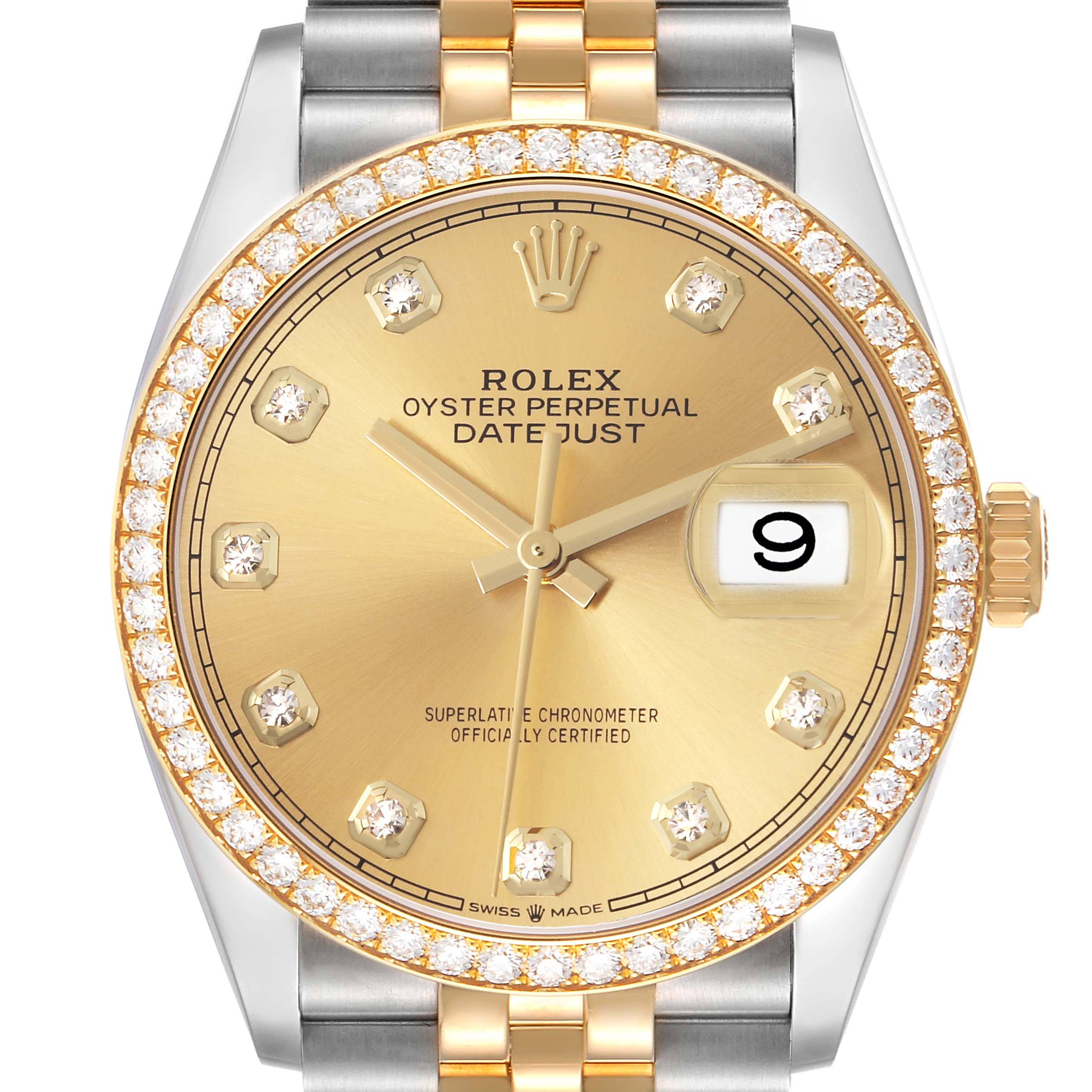The Rolex Datejust 126283 Men's Steel and Gold (two tone) Champagne Dial 126283 Men's Steel and Gold (two tone) Champagne Dial watch is shown front-facing, displaying the dial, diamond bezel, crown, and part of the bracelet.