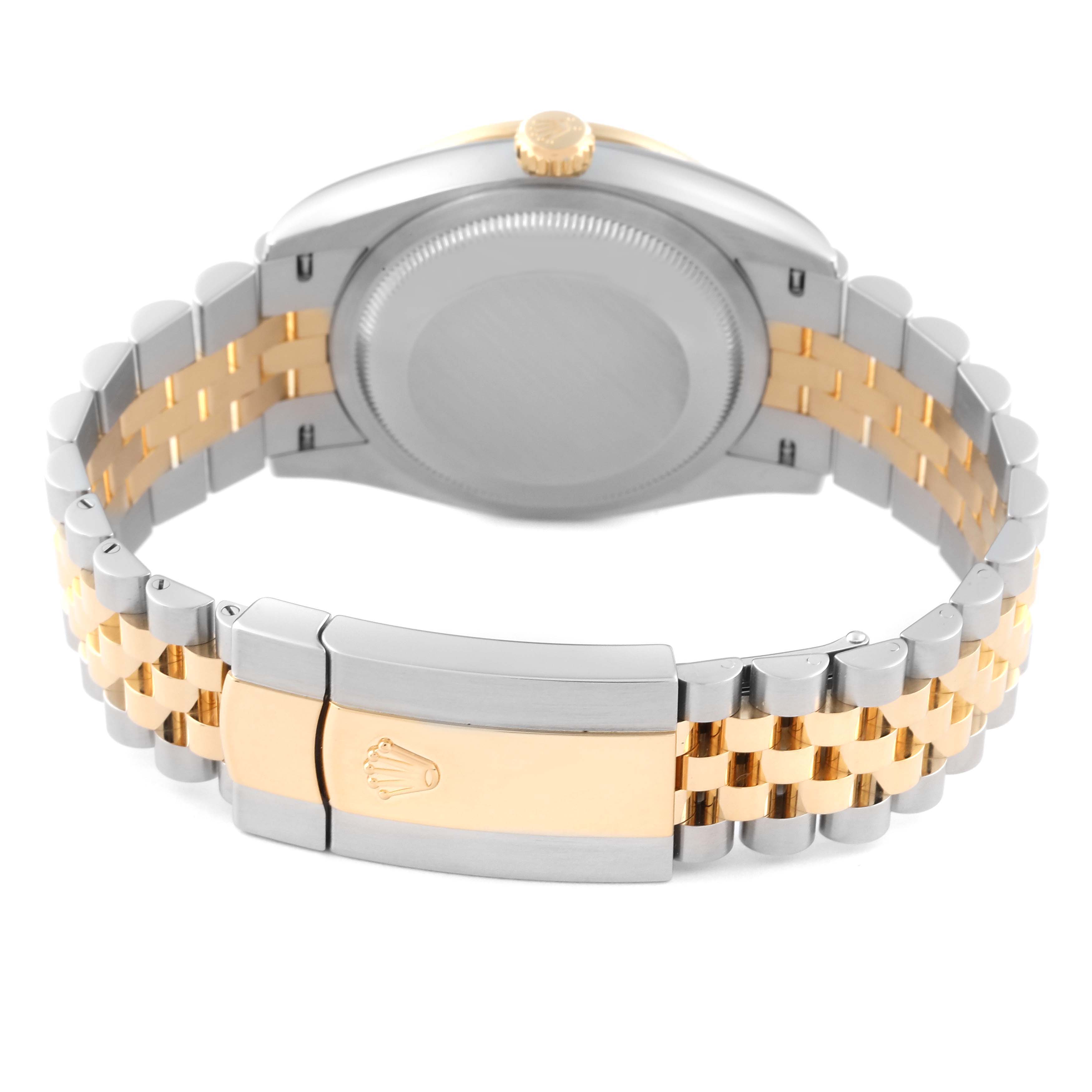 The image shows the back of a Rolex Datejust 126283 Men's Steel and Gold (two tone) Champagne Dial 126283 Men's Steel and Gold (two tone) Champagne Dial watch, highlighting the clasp and two-tone bracelet.