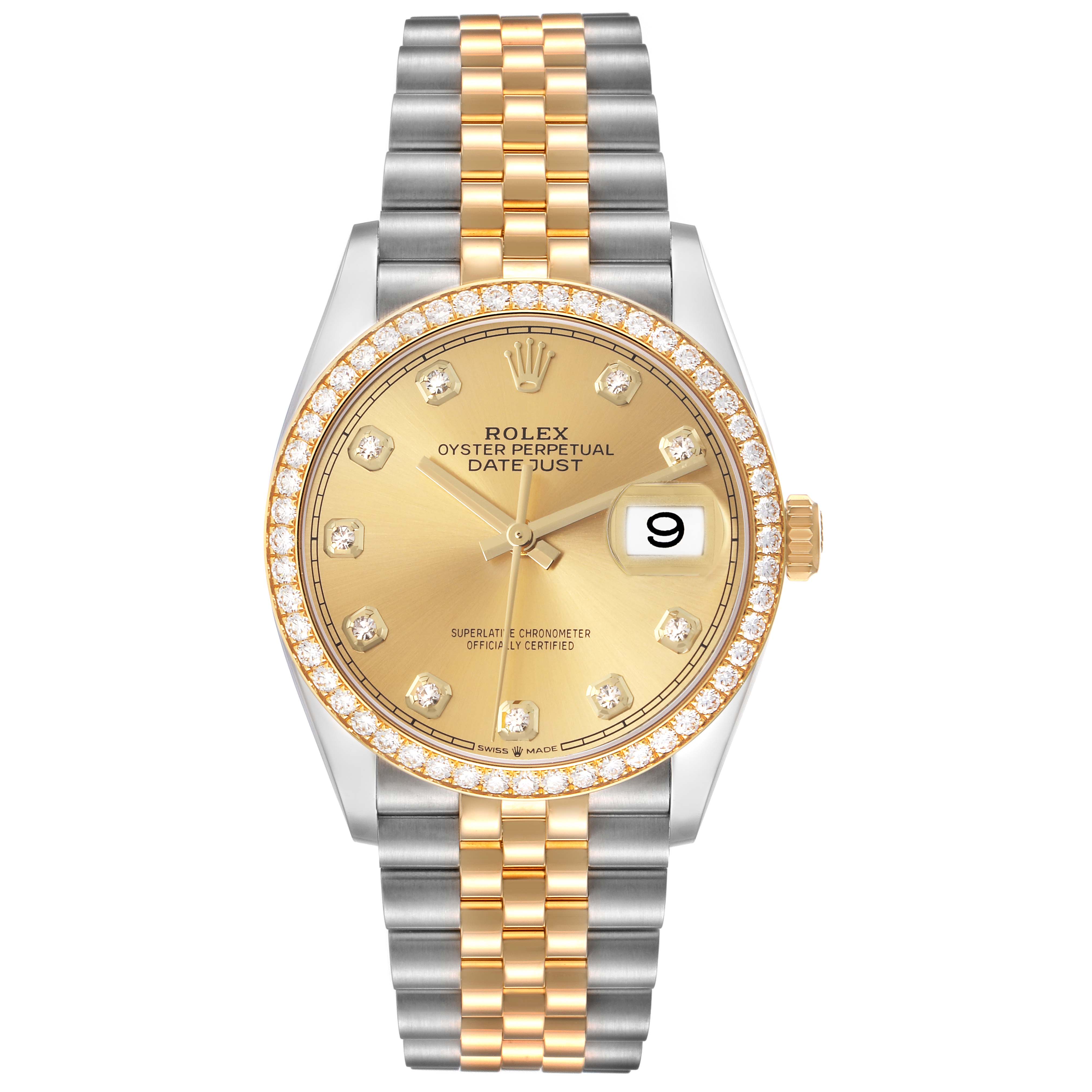 The Rolex Datejust 126283 Men's Steel and Gold (two tone) Champagne Dial 126283 Men's Steel and Gold (two tone) Champagne Dial watch is shown from a top angle, displaying the dial, bezel, and bracelet.