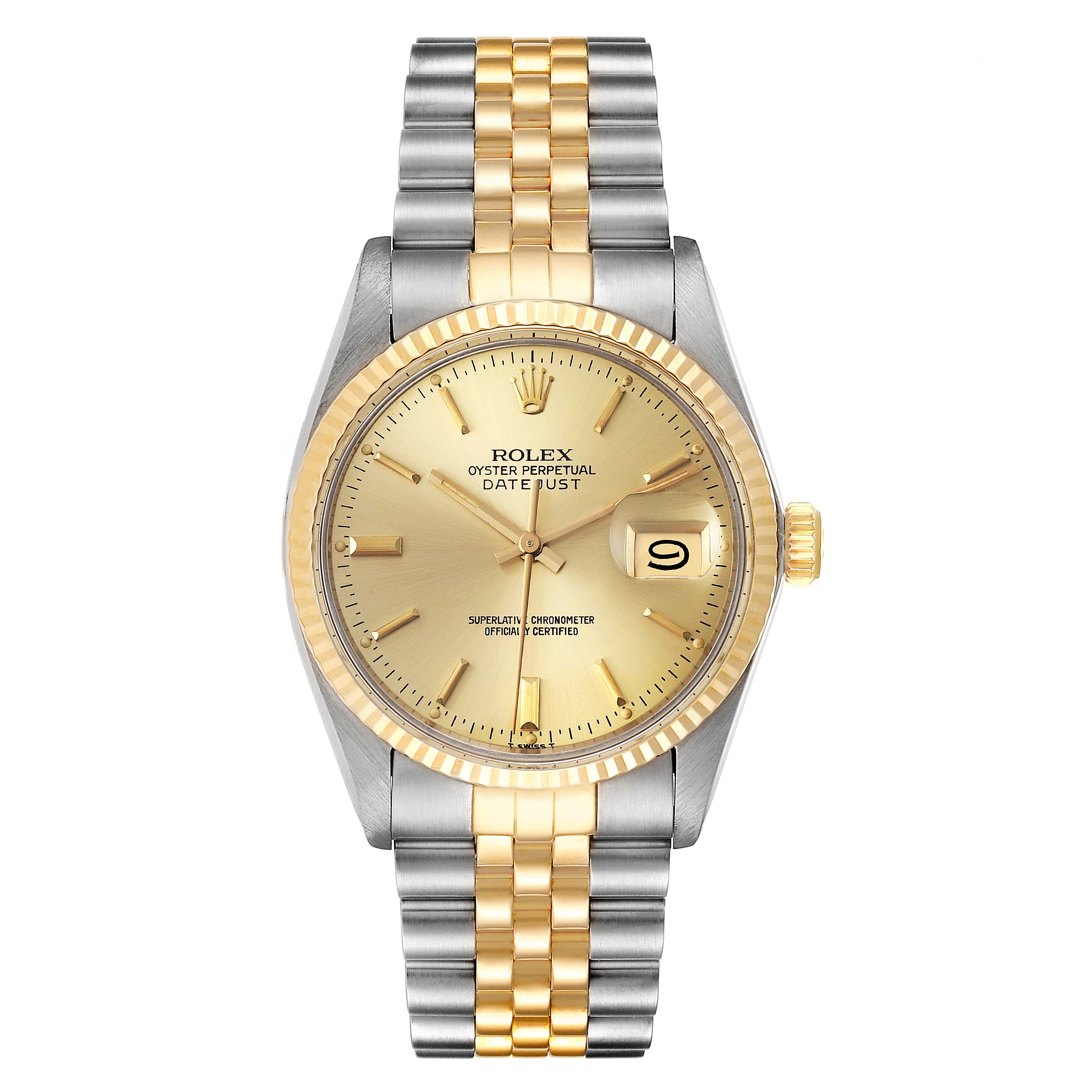 The Rolex Vintage Collection 16013 Men's Steel and Gold (two tone) Champagne Dial 16013 Men's Steel and Gold (two tone) Champagne Dial Datejust is shown from a frontal angle, highlighting the dial, bezel, and two-tone bracelet.