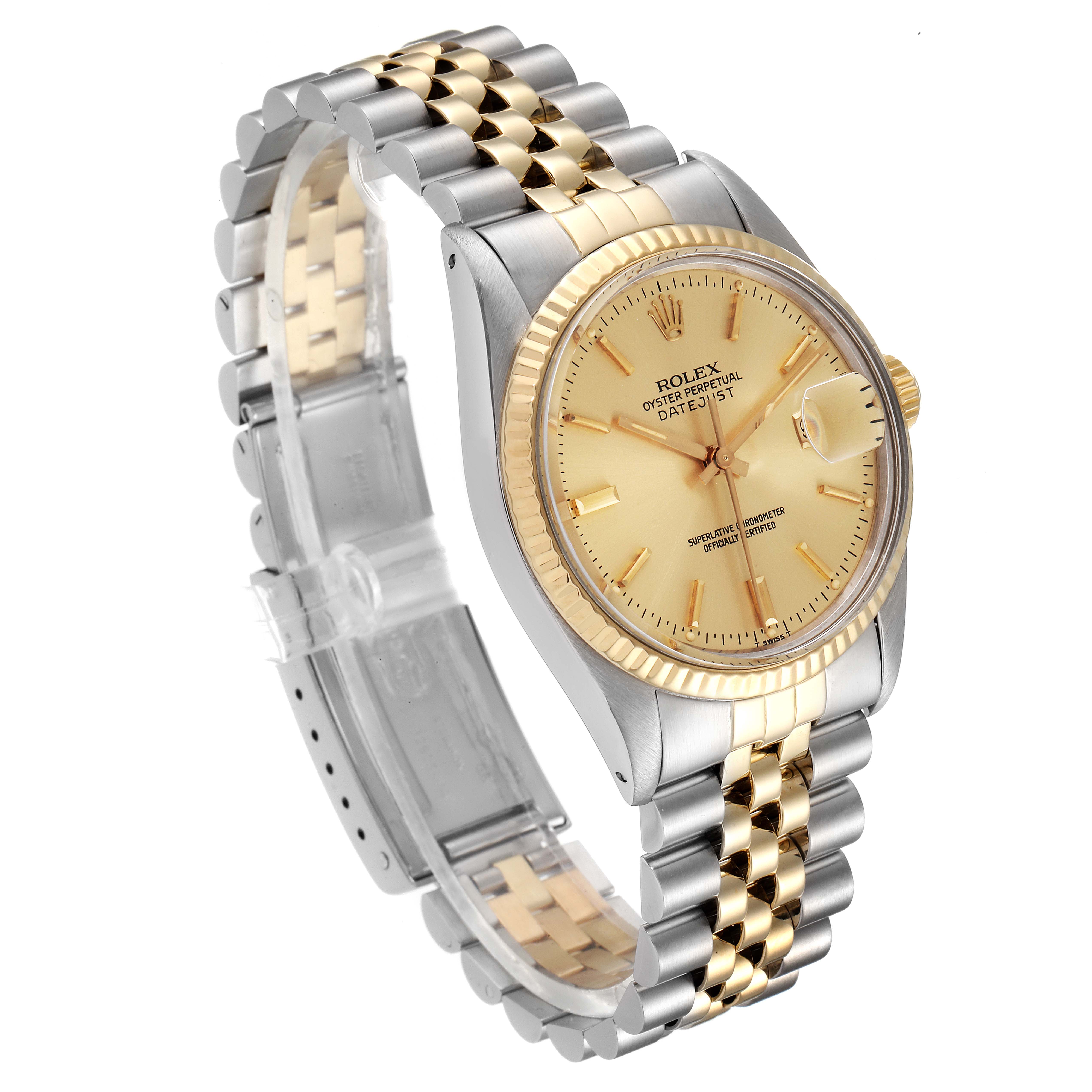 The image shows a Rolex Vintage Collection 16013 Men's Steel and Gold (two tone) Champagne Dial 16013 Men's Steel and Gold (two tone) Champagne Dial watch, angled to display the face, bezel, and two-tone bracelet.