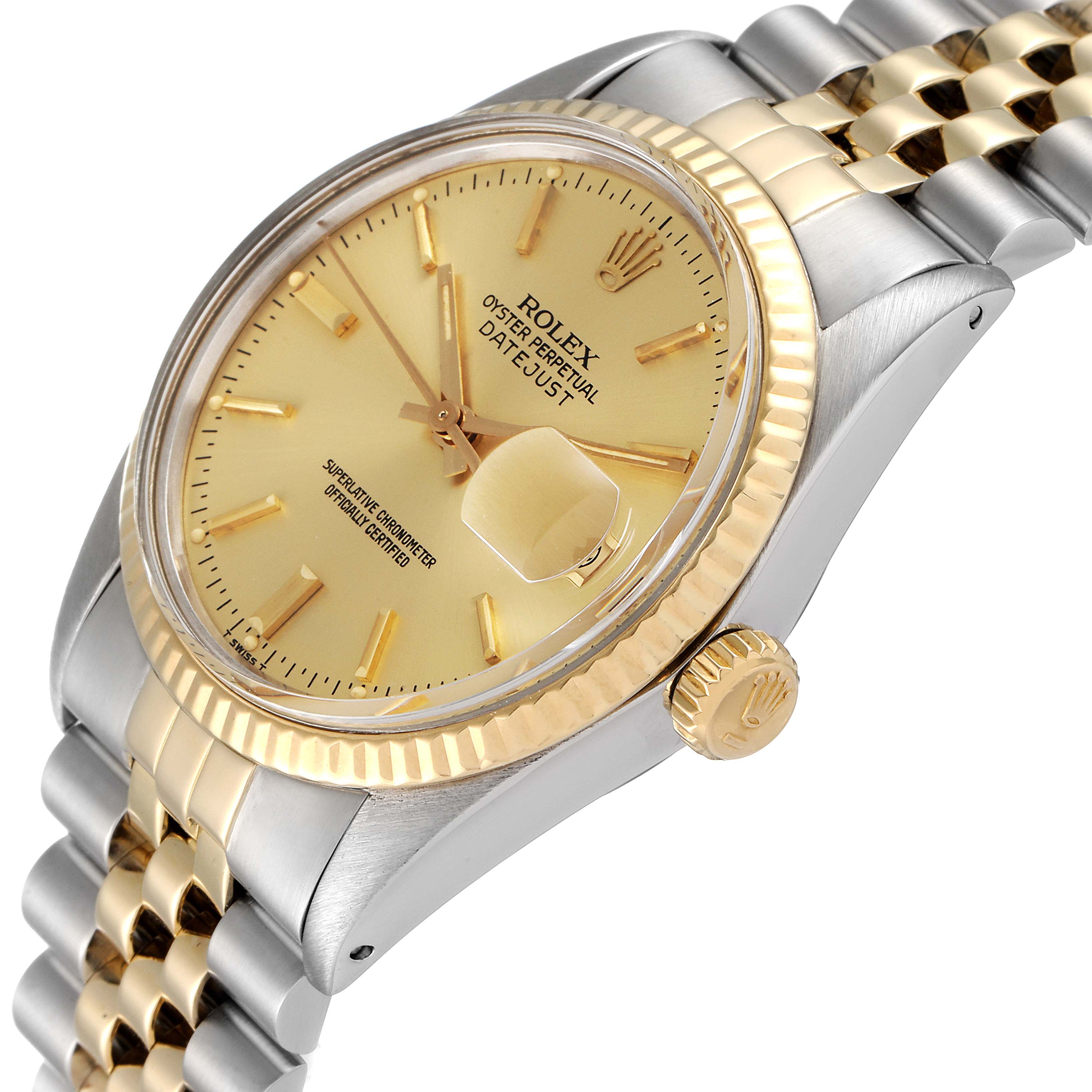 The Rolex Vintage Collection 16013 Men's Steel and Gold (two tone) Champagne Dial 16013 Men's Steel and Gold (two tone) Champagne Dial watch is shown at an angled view highlighting the gold dial, bezel, crown, and two-tone bracelet.