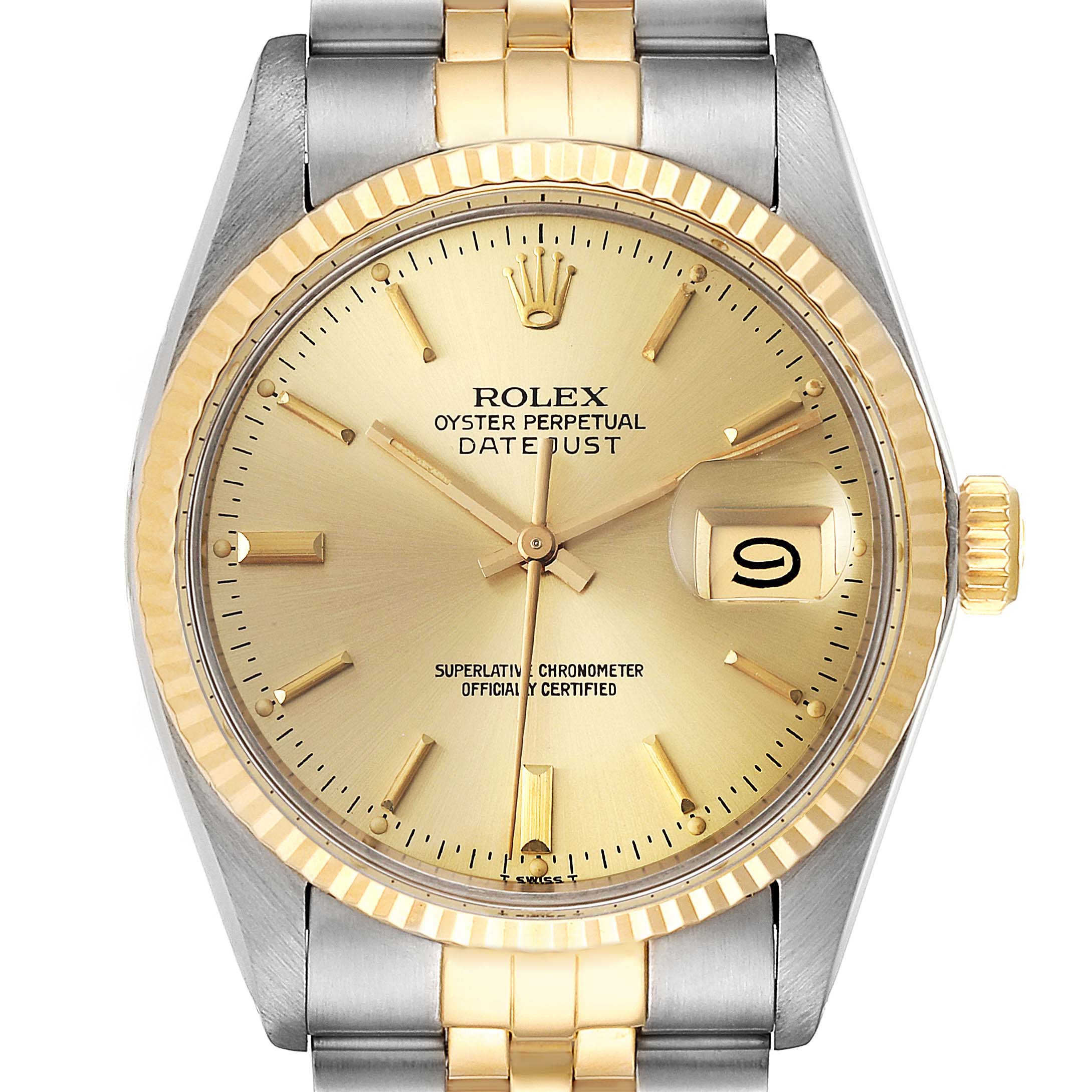 The Rolex Vintage Collection 16013 Men's Steel and Gold (two tone) Champagne Dial 16013 Men's Steel and Gold (two tone) Champagne Dial Datejust is shown from a front angle, highlighting its dial, hands, crown, and two-tone bracelet.