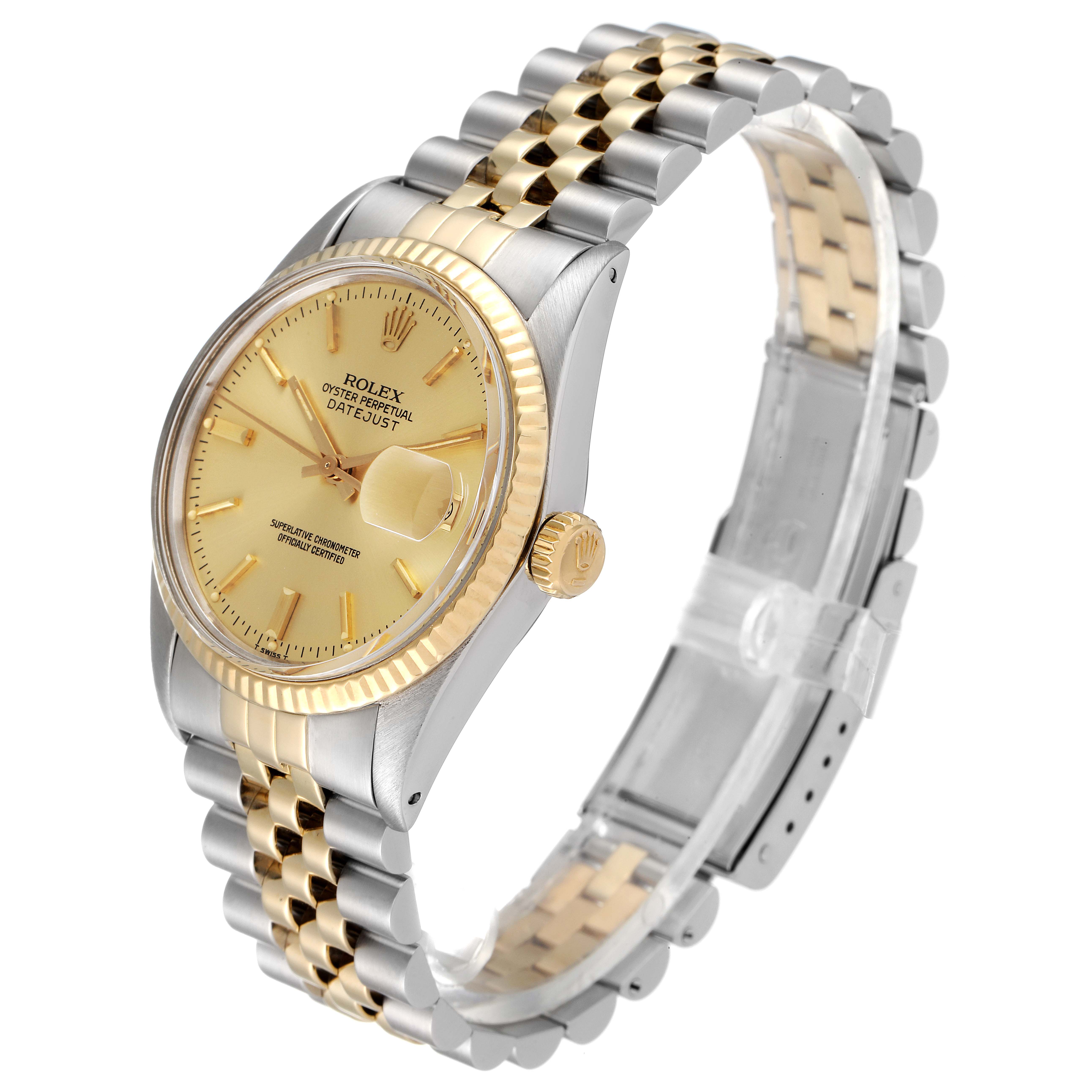 The Rolex Vintage Collection 16013 Men's Steel and Gold (two tone) Champagne Dial 16013 Men's Steel and Gold (two tone) Champagne Dial model is shown at an angled side view, displaying its face, band, crown, and clasp.