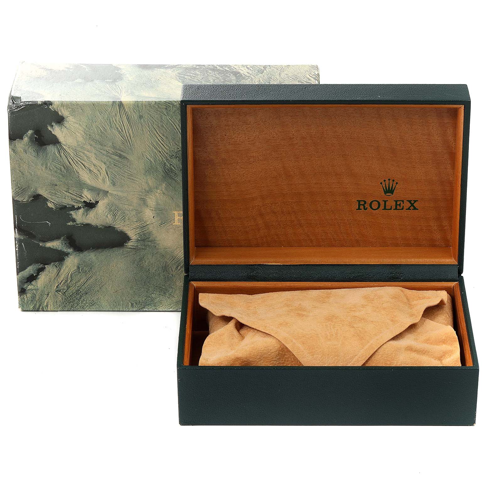 This image shows the open box of a Rolex Vintage Collection 16013 Men's Steel and Gold (two tone) Champagne Dial 16013 Men's Steel and Gold (two tone) Champagne Dial model, revealing a plush-lined interior.