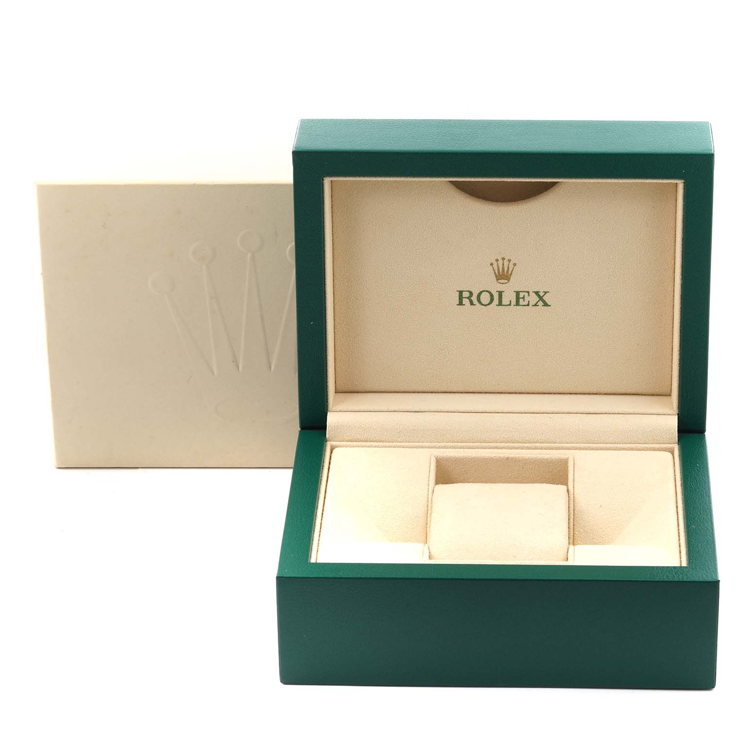 The image shows a green Rolex Datejust 41 126300 Men
s Stainless Steel Blue Dial 126300 Men
s Stainless Steel Blue Dial watch box open from the top, revealing the beige interior and logo.