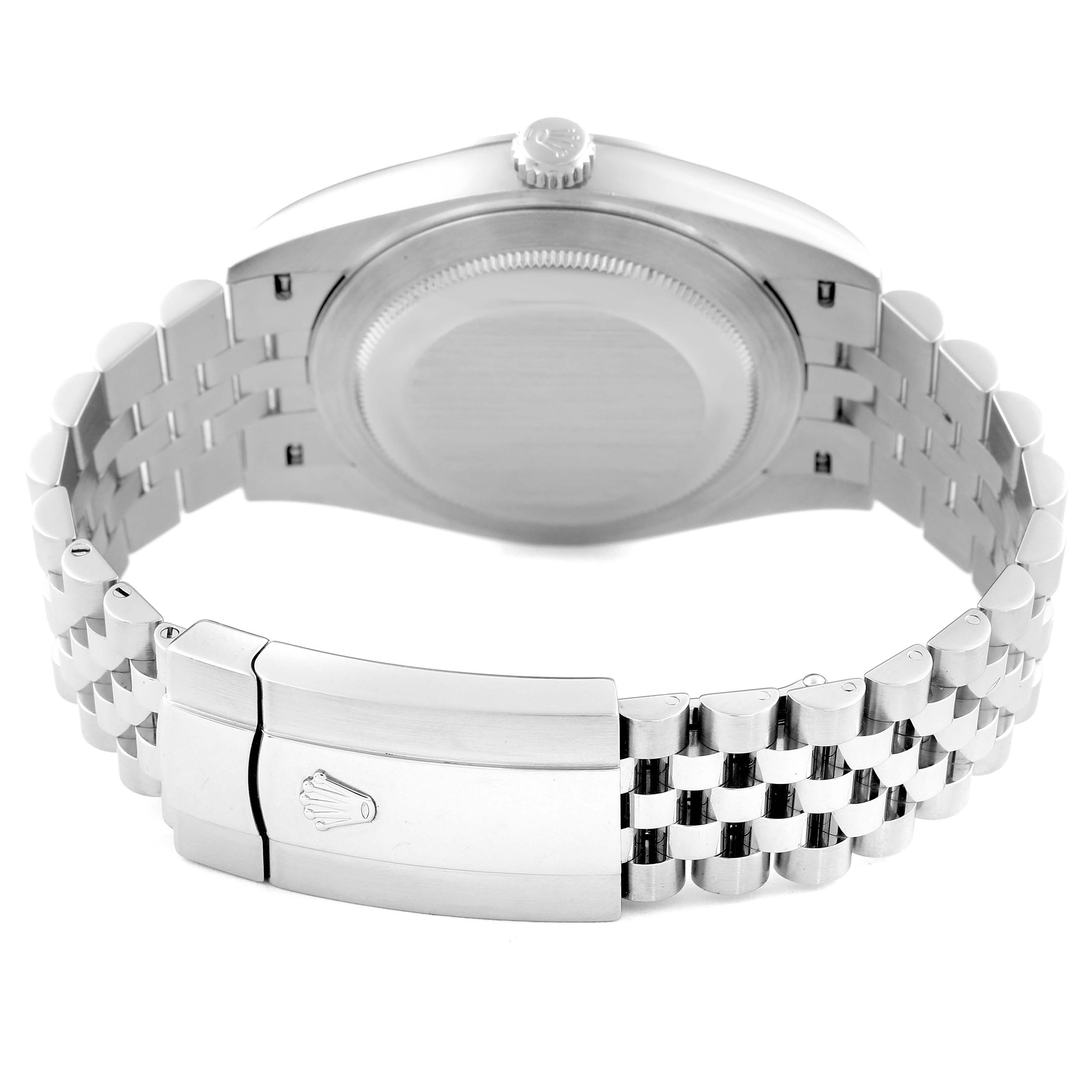 The Rolex Datejust 41 126300 Men
s Stainless Steel Blue Dial 126300 Men
s Stainless Steel Blue Dial is shown from the back, highlighting the case, crown, and Jubilee bracelet with clasp.