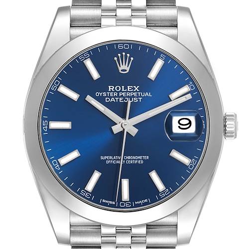 The Rolex Datejust 41 is shown from the front, displaying its blue dial, hour markers, hands, date window, and partial bracelet.