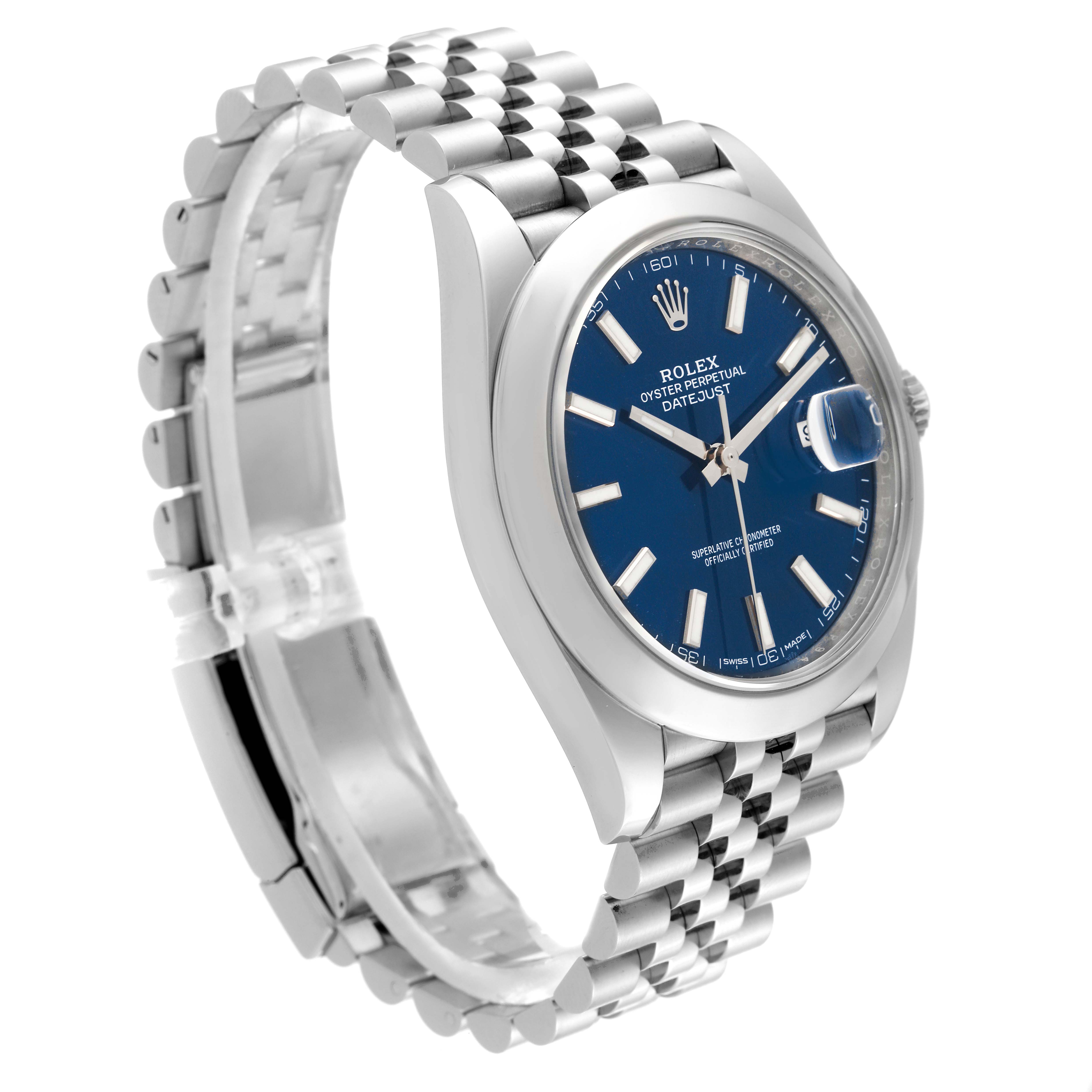 The Rolex Datejust 41 126300 Men
s Stainless Steel Blue Dial 126300 Men
s Stainless Steel Blue Dial is shown at a three-quarter angle, displaying the dial, bezel, and part of the Jubilee bracelet.