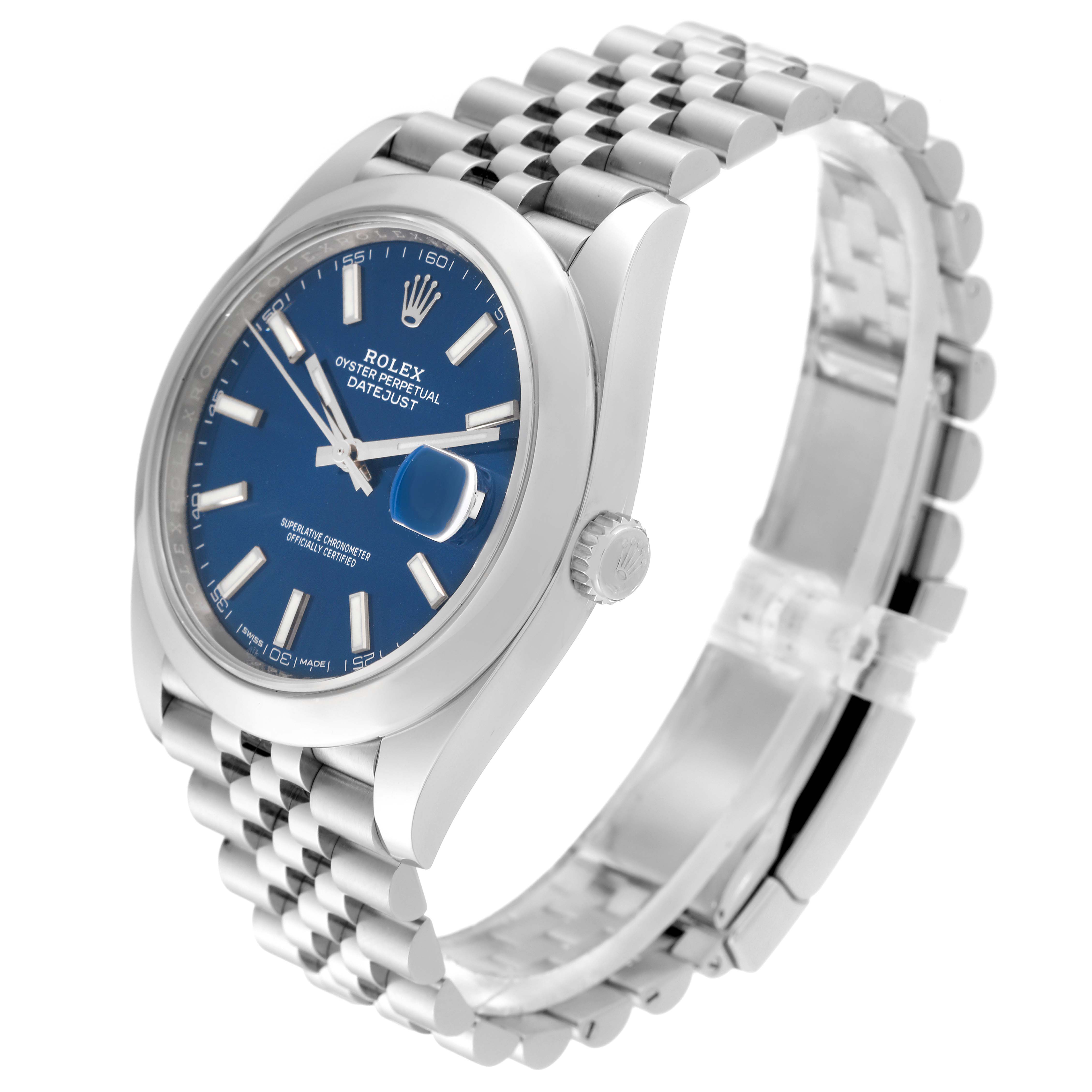 The Rolex Datejust 41 126300 Men
s Stainless Steel Blue Dial 126300 Men
s Stainless Steel Blue Dial is shown at a side angle with the dial, bezel, crown, and Jubilee bracelet visible.