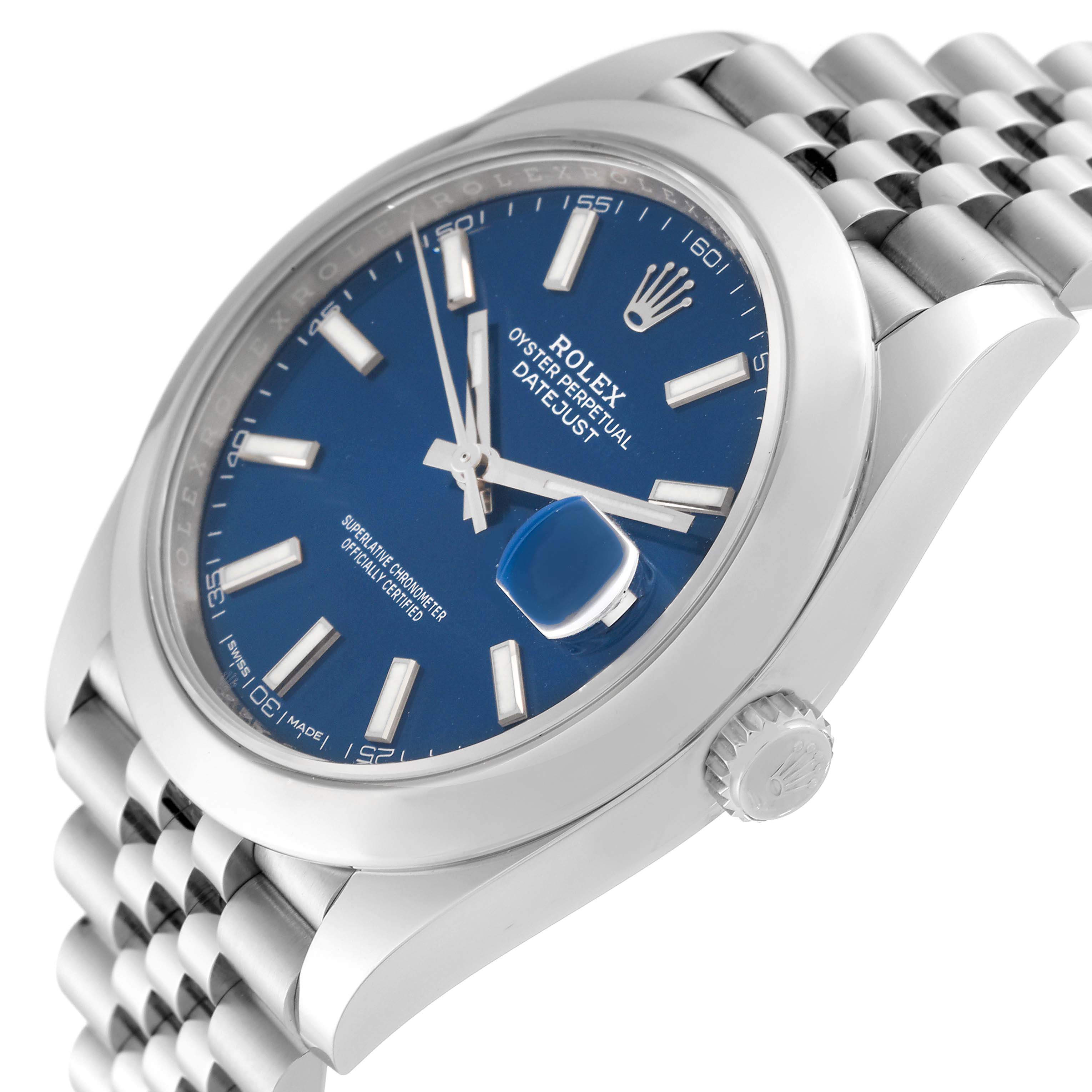 The image shows a Rolex Datejust 41 126300 Men
s Stainless Steel Blue Dial 126300 Men
s Stainless Steel Blue Dial at an angled view, highlighting the blue dial, bezel, crown, and part of the Jubilee bracelet.