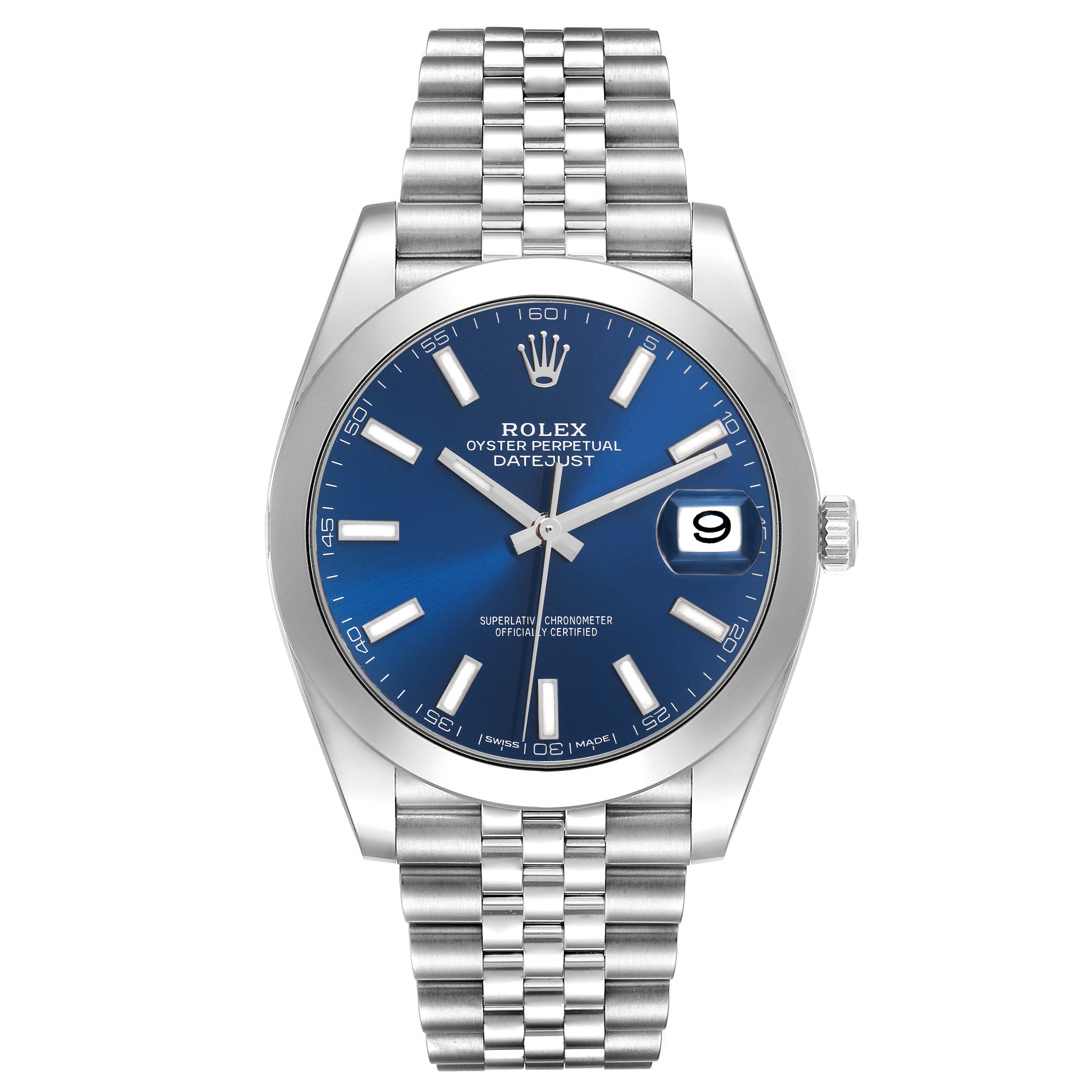 The Rolex Datejust 41 126300 Men
s Stainless Steel Blue Dial 126300 Men
s Stainless Steel Blue Dial watch is shown from a front angle, displaying its face, bezel, and Jubilee bracelet.