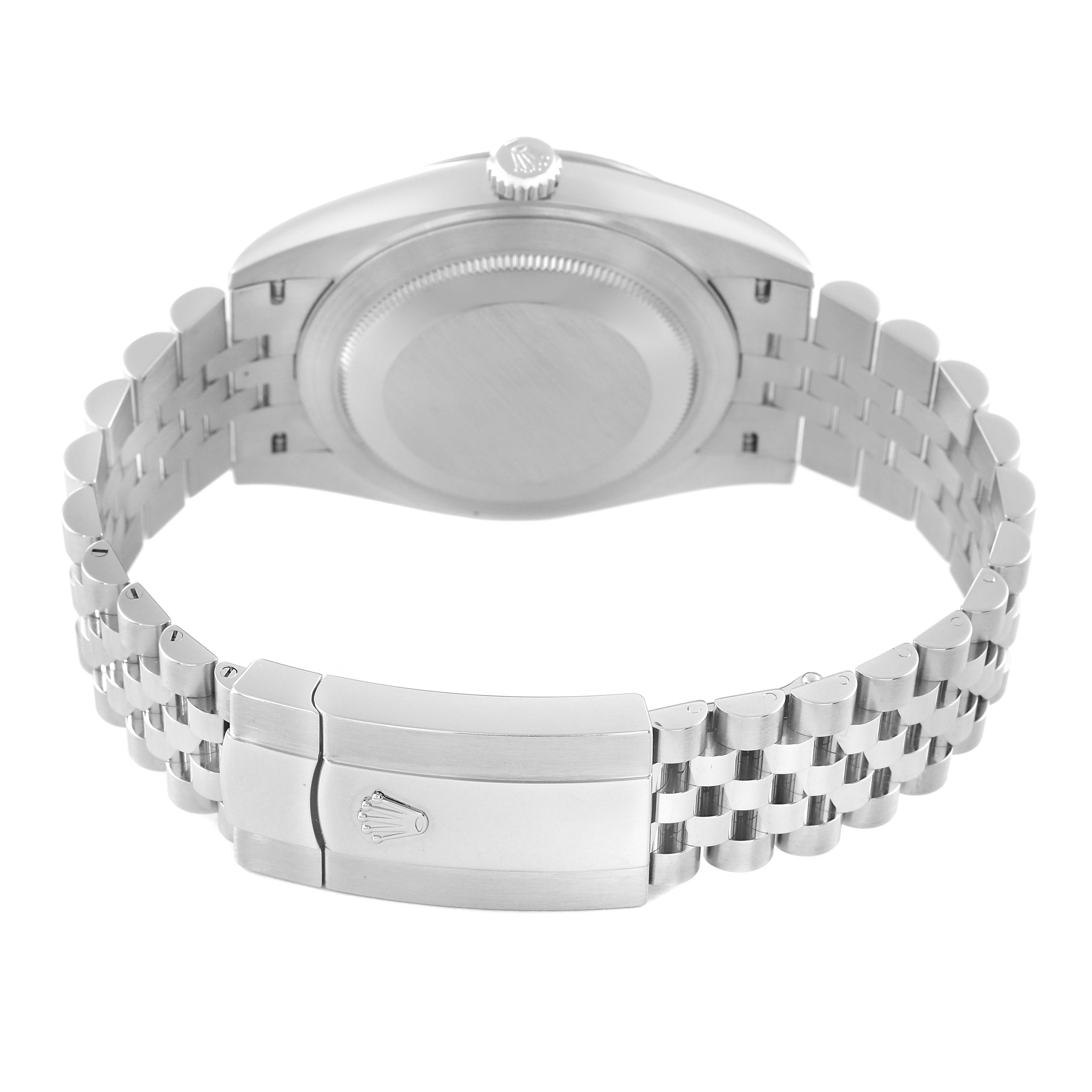 This image shows the back view of the Rolex Datejust 41 126334 Men's Stainless Steel Blue Dial 126334 Men's Stainless Steel Blue Dial, focusing on the caseback and the Jubilee bracelet with the clasp.