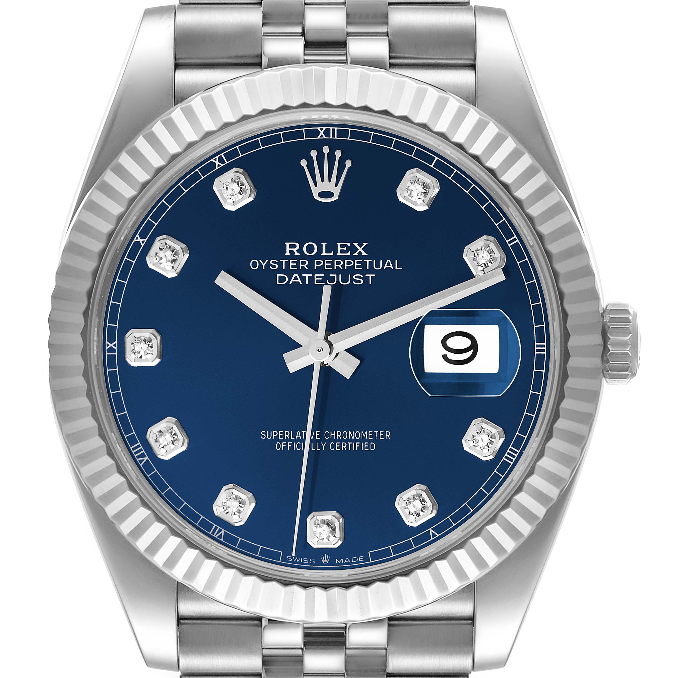 This image shows a Rolex Datejust 41 126334 Men's Stainless Steel Blue Dial 126334 Men's Stainless Steel Blue Dial watch with a blue dial, diamond hour markers, and a date window, viewed from the front.