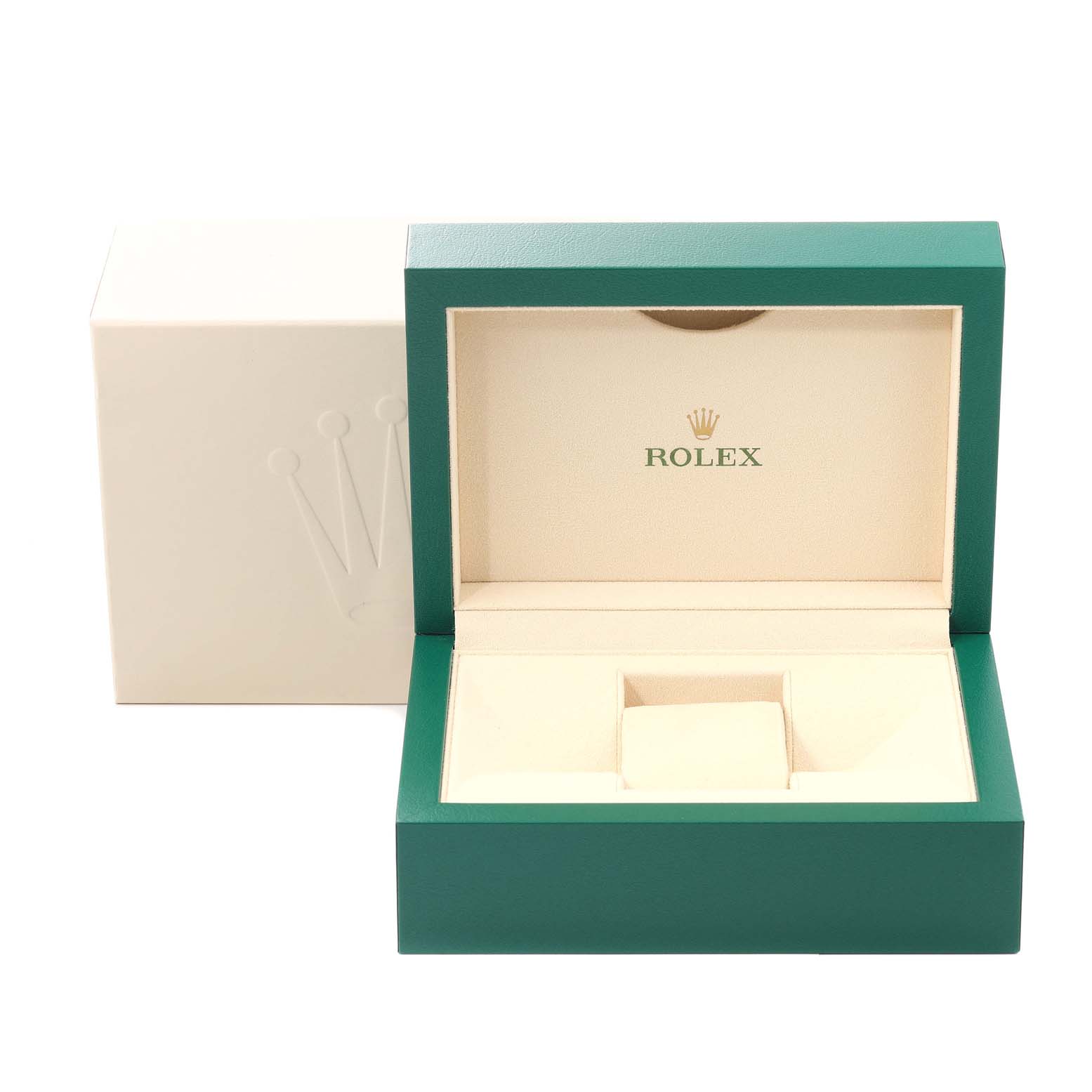 The image shows an open green and cream Rolex box for the Datejust 41 model, with an outer white box behind it.