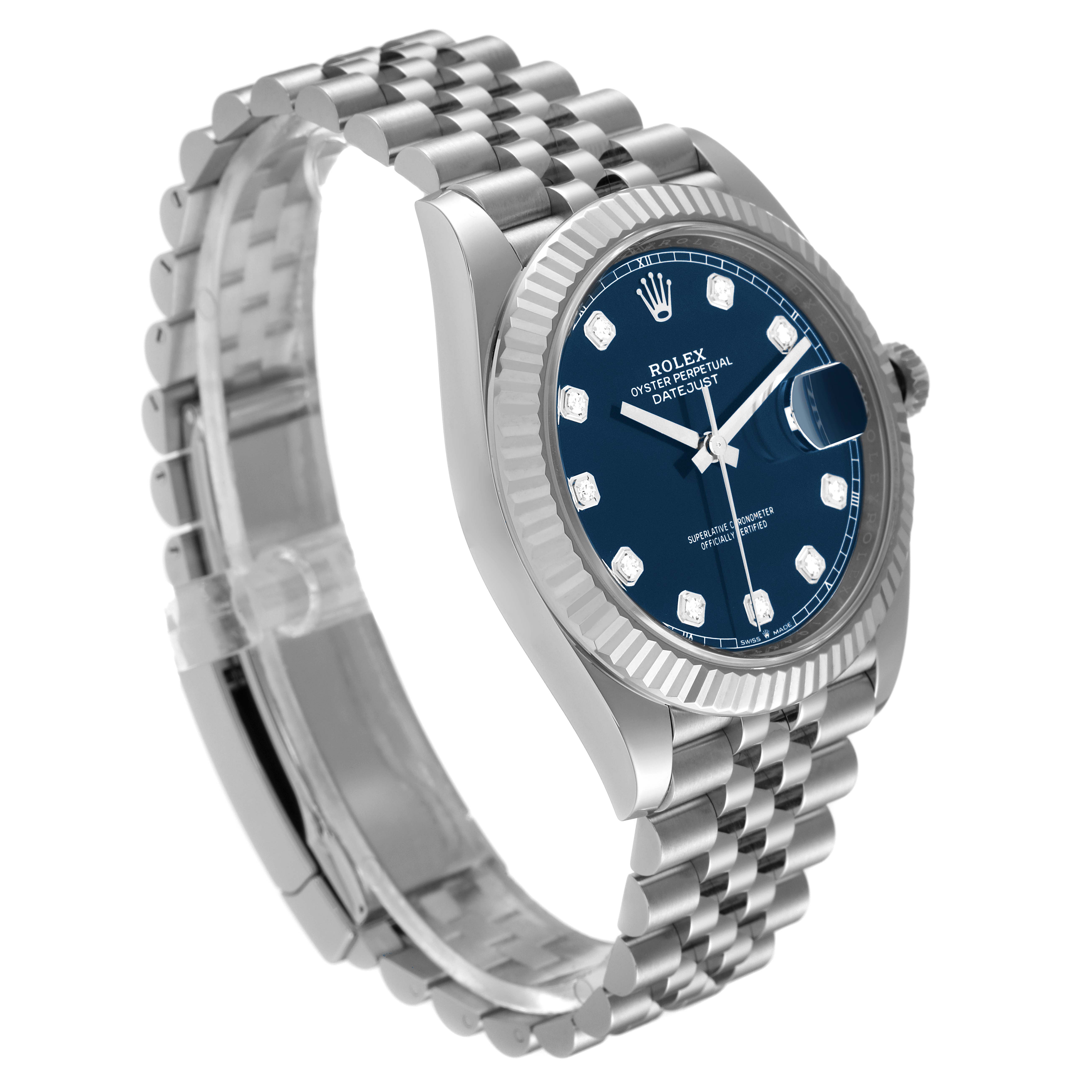 The image shows a Rolex Datejust 41 126334 Men's Stainless Steel Blue Dial 126334 Men's Stainless Steel Blue Dial model watch at a slight angle, displaying the bezel, dial, and Jubilee bracelet.