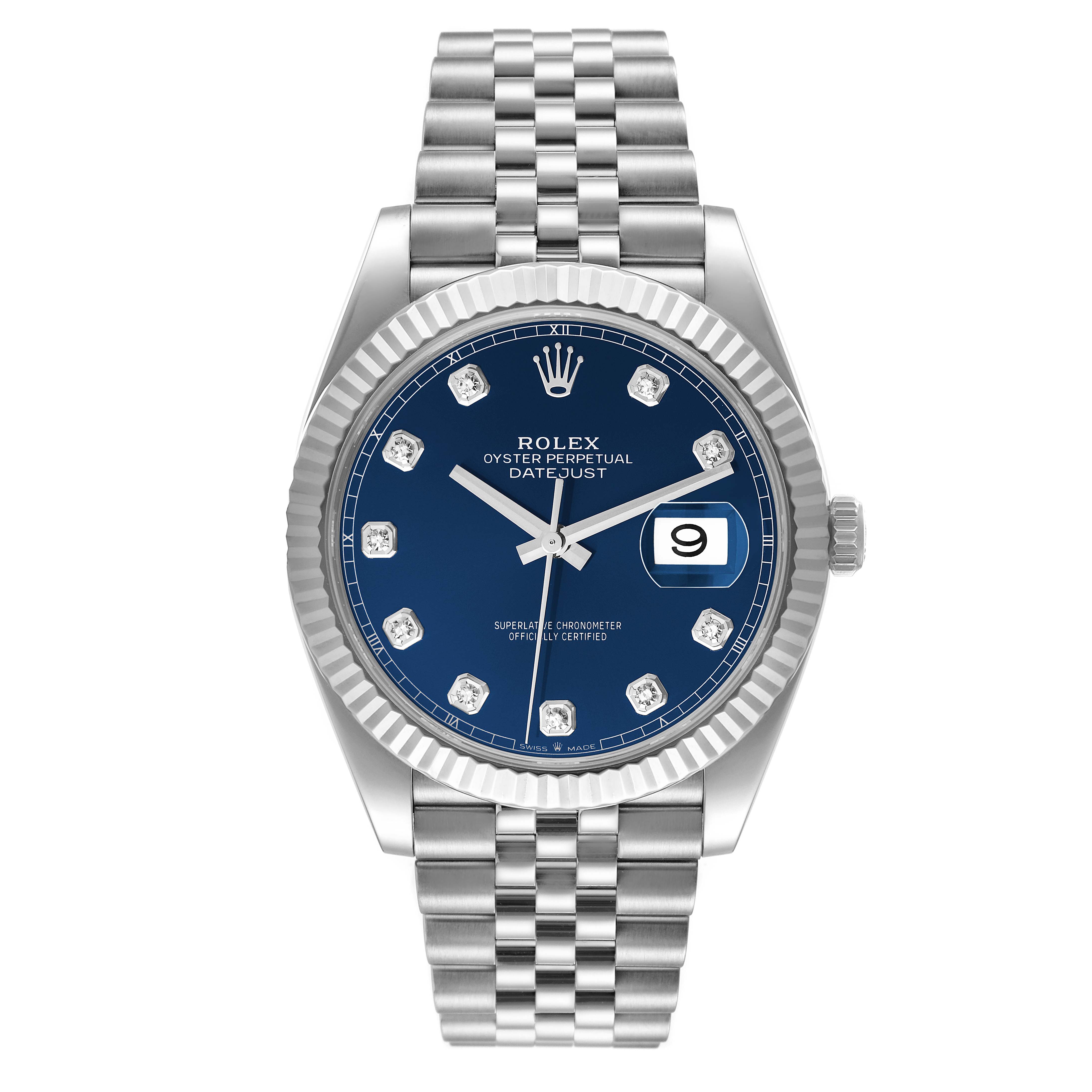 The image shows a Rolex Datejust 41 126334 Men's Stainless Steel Blue Dial 126334 Men's Stainless Steel Blue Dial watch from a front angle, displaying the dial, bezel, and bracelet.