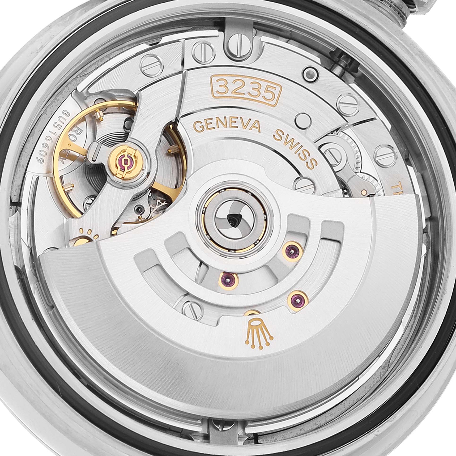 This image shows a close-up view of the movement inside a Rolex Datejust 41 126334 Men's Stainless Steel Blue Dial 126334 Men's Stainless Steel Blue Dial watch, showcasing the intricate inner mechanics.