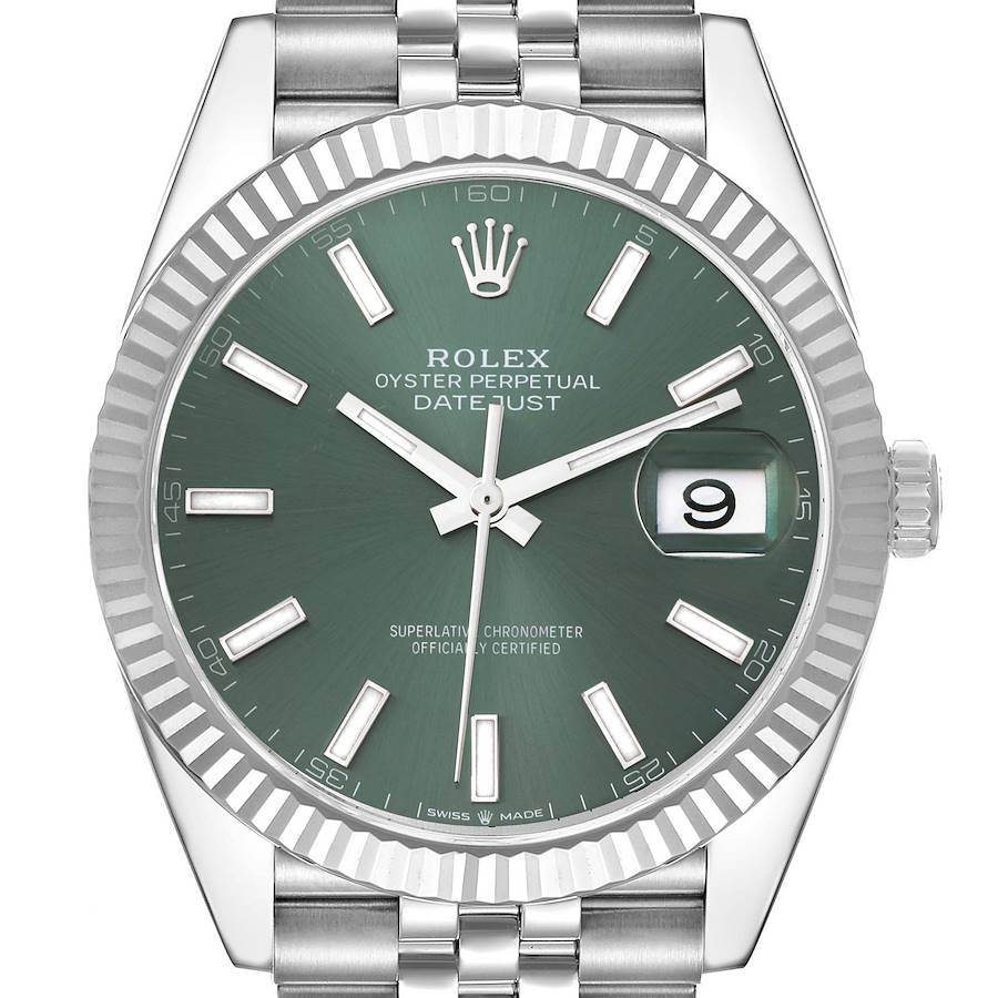 The image shows a front view of the Rolex Datejust 41, displaying its green dial, fluted bezel, and Jubilee bracelet.