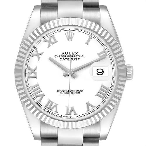 The Rolex Datejust 41 126334 Men's Stainless Steel White Dial is shown from a frontal angle, highlighting its dial, fluted bezel, and bracelet.