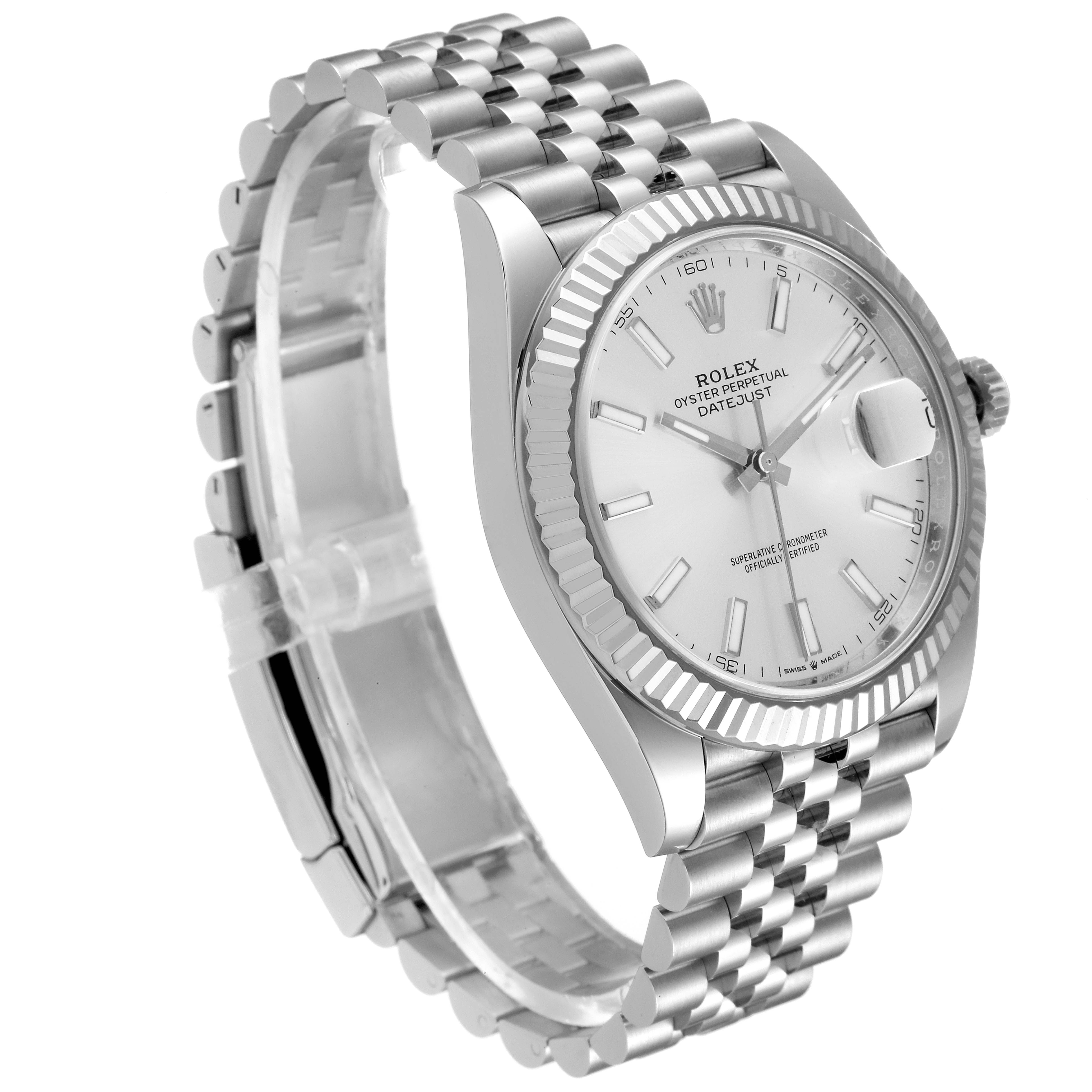 This image shows a Rolex Datejust 41 126334 Men
s Stainless Steel Silver Dial 126334 Men
s Stainless Steel Silver Dial watch at a three-quarter angle, highlighting its white dial, fluted bezel, and Jubilee bracelet.