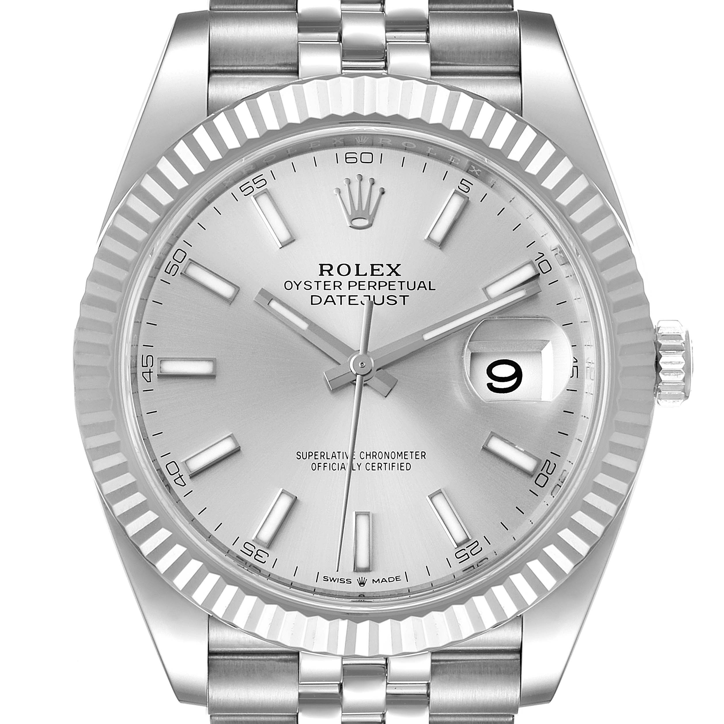 This image shows a front view of the Rolex Datejust 41 126334 Men
s Stainless Steel Silver Dial 126334 Men
s Stainless Steel Silver Dial, featuring the dial, bezel, hands, and part of the bracelet.