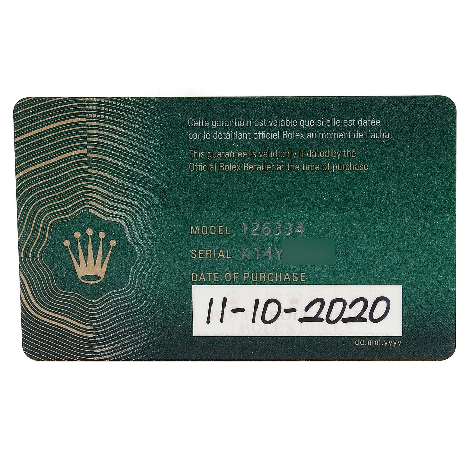 The image shows a warranty card for a Rolex Datejust 41 126334 Men
s Stainless Steel Silver Dial 126334 Men
s Stainless Steel Silver Dial model 126334 with the purchase date of 11-10-2020.