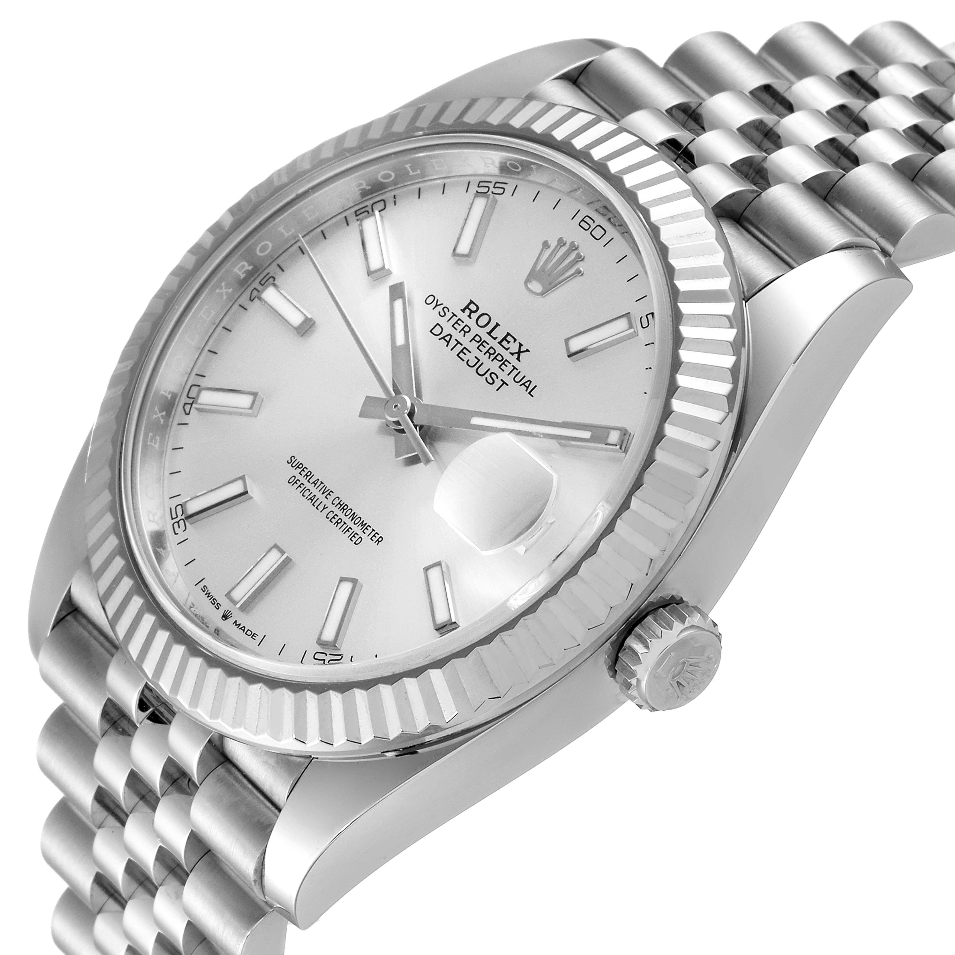 This image shows a Rolex Datejust 41 126334 Men
s Stainless Steel Silver Dial 126334 Men
s Stainless Steel Silver Dial watch, displaying its dial, fluted bezel, Jubilee bracelet, and crown from a slightly tilted angle.
