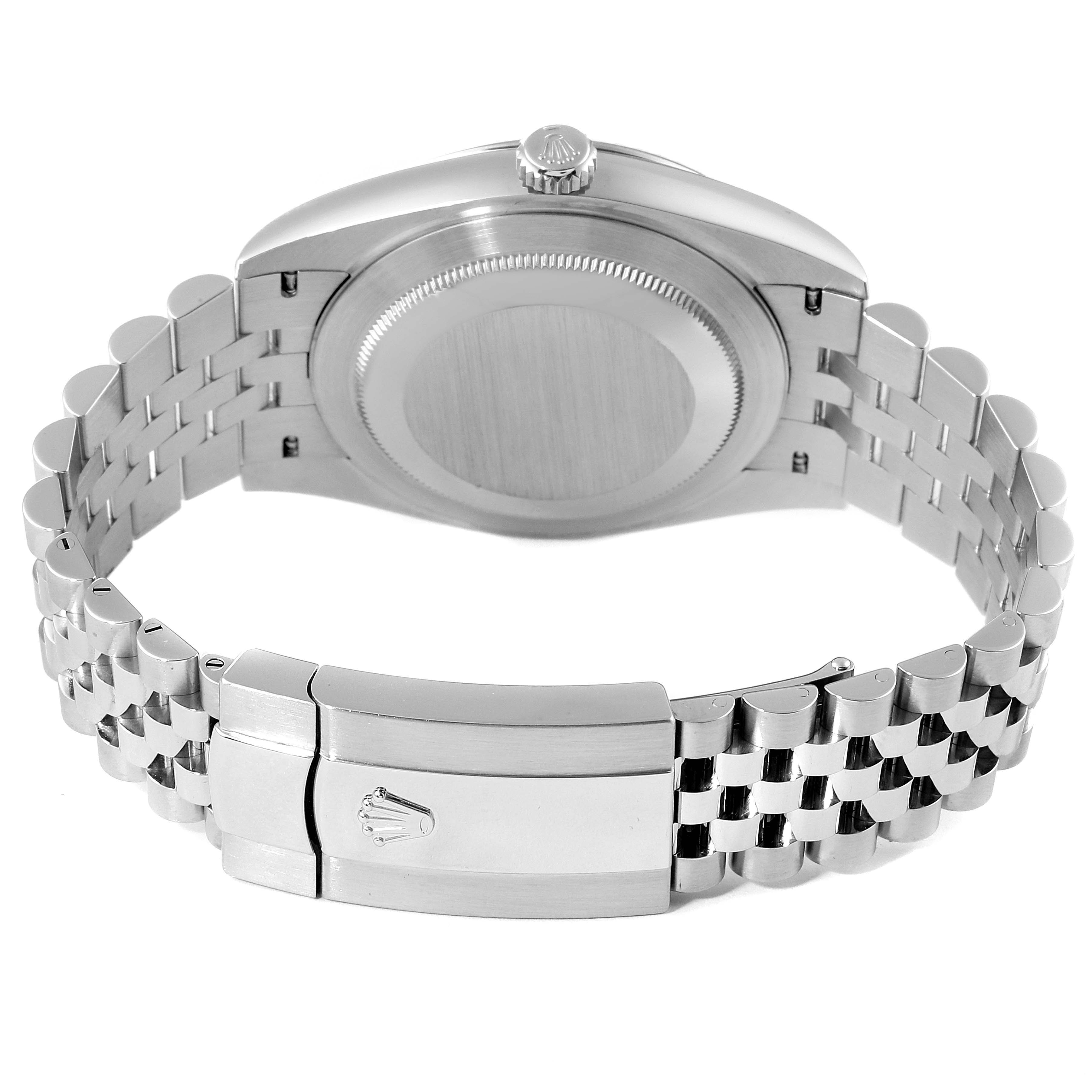 The image shows the back view of a Rolex Datejust 41 126334 Men
s Stainless Steel Silver Dial 126334 Men
s Stainless Steel Silver Dial watch, highlighting the case back, bracelet, and clasp.