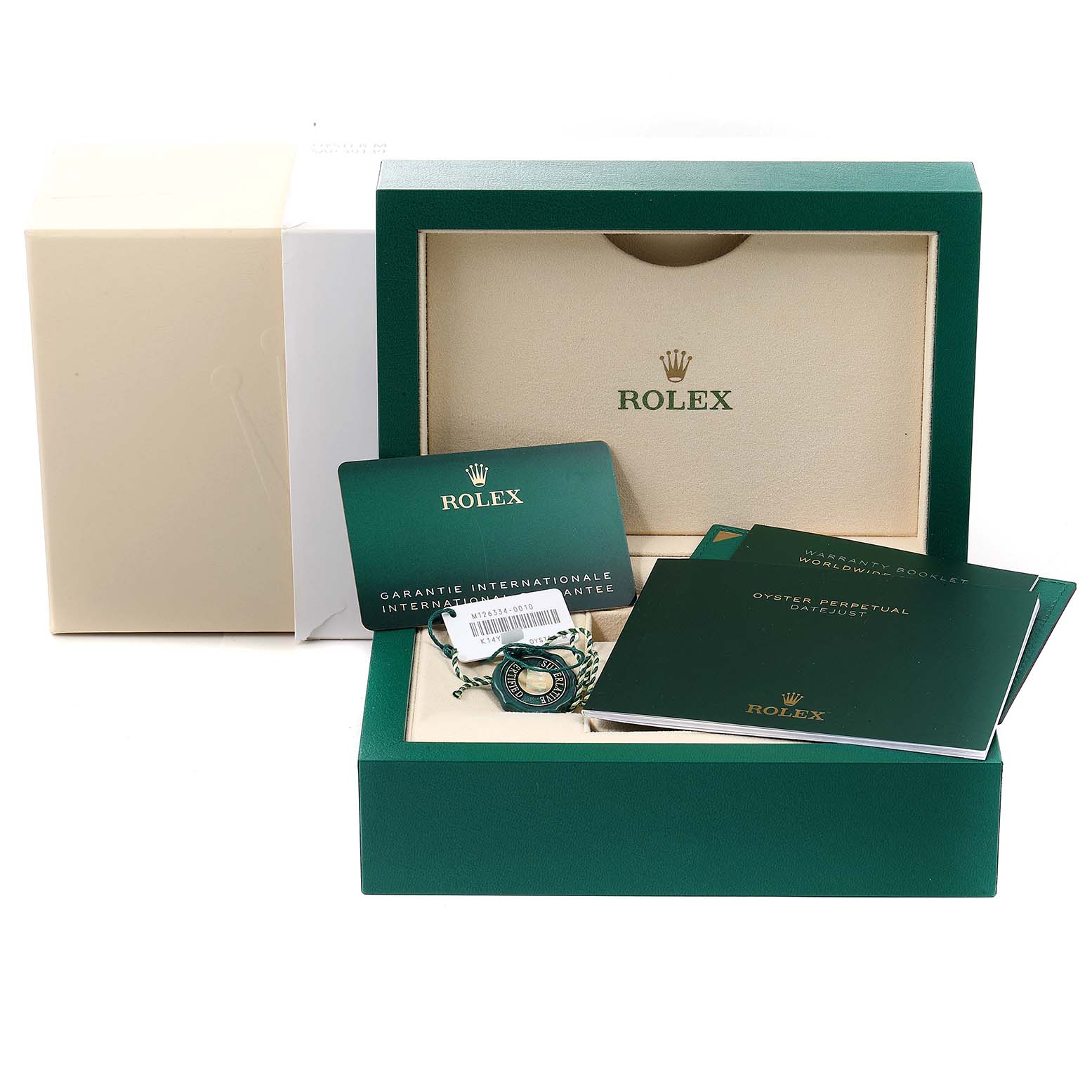 The angle shows the packaging of the Rolex Datejust 41 126334 Men
s Stainless Steel Silver Dial 126334 Men
s Stainless Steel Silver Dial with its box, tags, warranty card, and booklets.