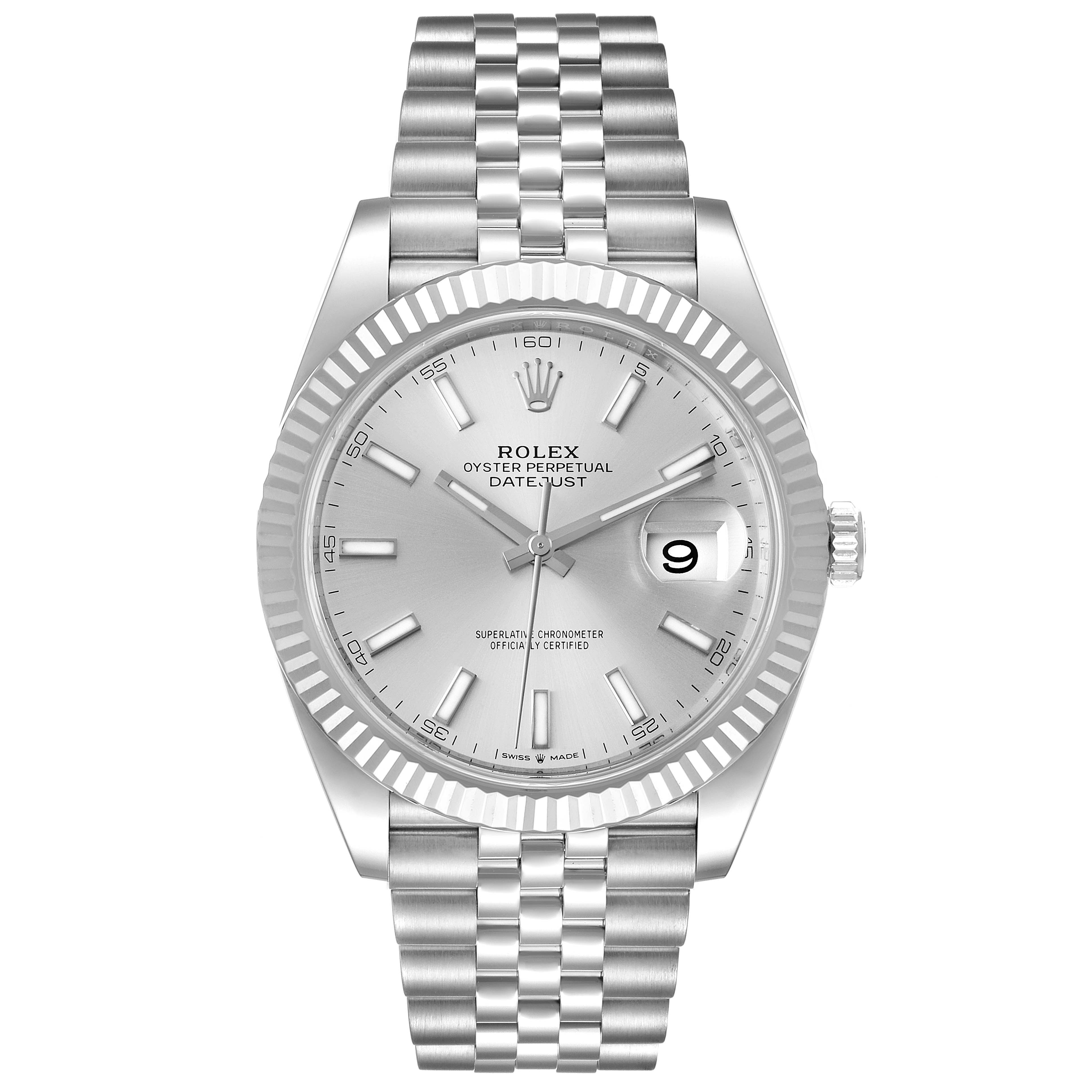 The image shows a front view of the Rolex Datejust 41 126334 Men
s Stainless Steel Silver Dial 126334 Men
s Stainless Steel Silver Dial watch, displaying the silver dial, fluted bezel, and Jubilee bracelet.