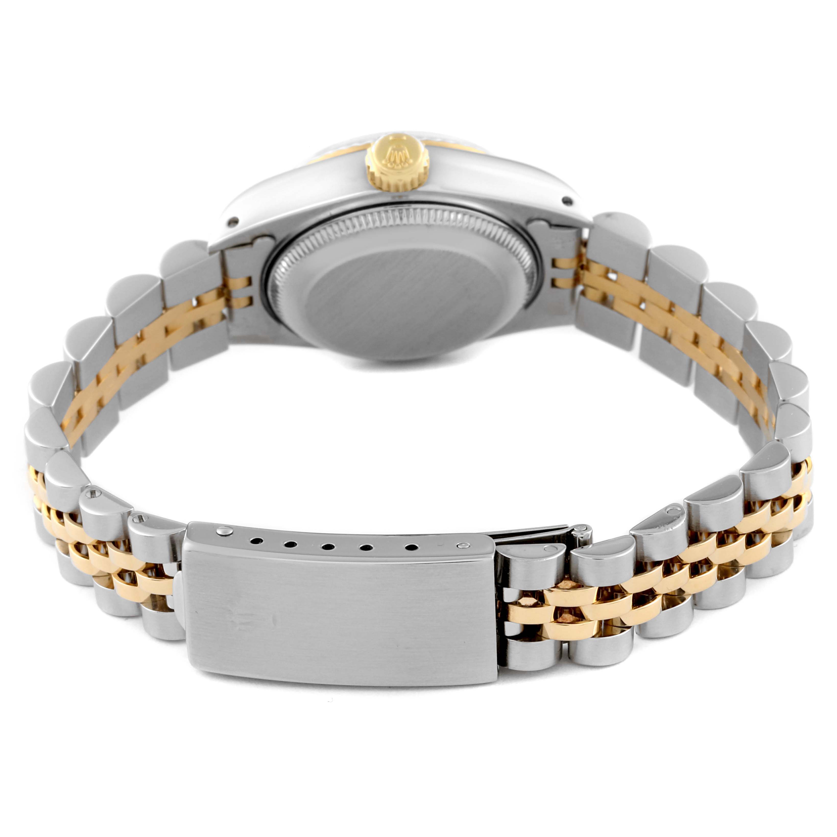 The image shows the back and bracelet clasp of a Rolex Datejust 69173 Women
s Steel and Gold (two tone) Champagne Dial 69173 Women
s Steel and Gold (two tone) Champagne Dial watch from a rear angle.