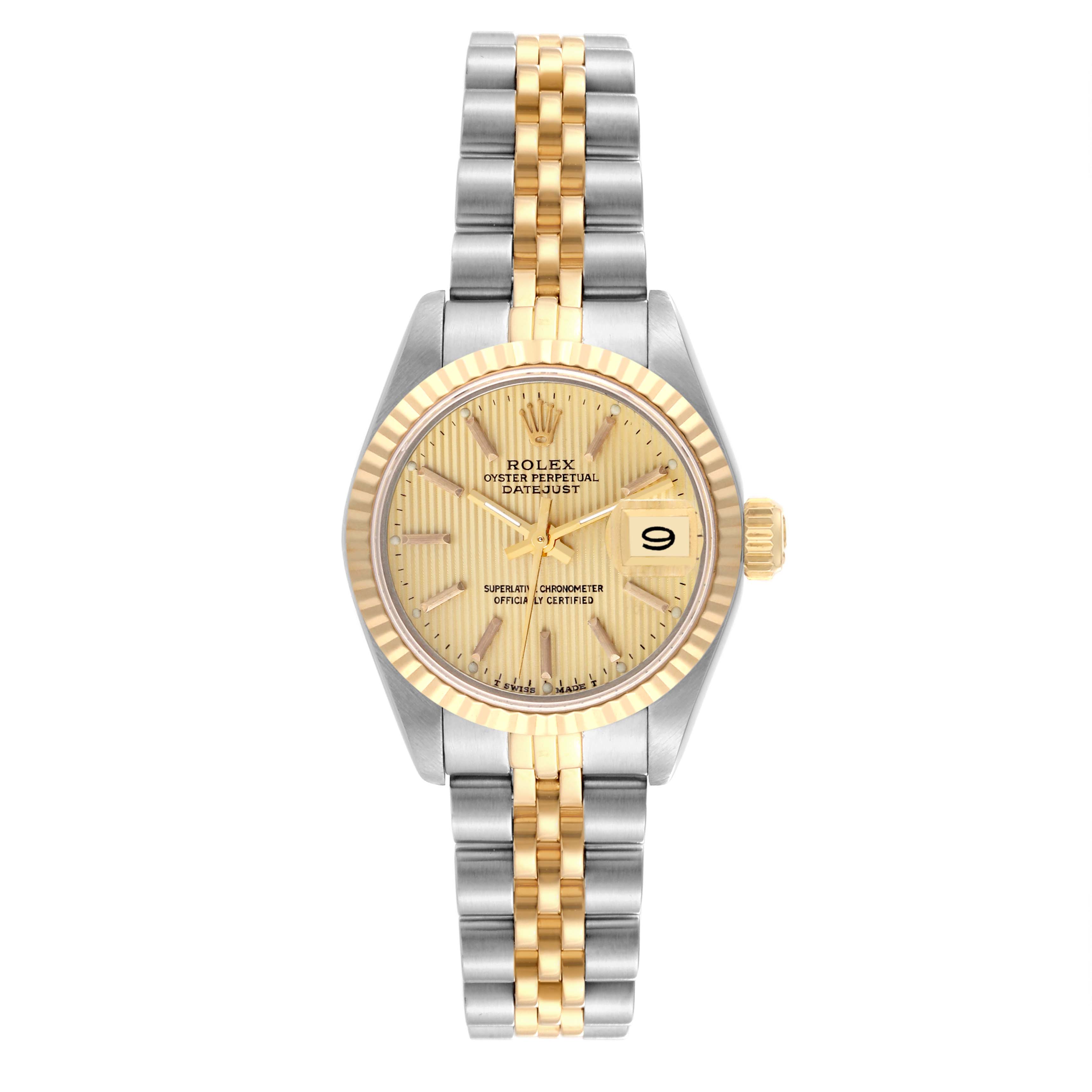 The Rolex Datejust 69173 Women
s Steel and Gold (two tone) Champagne Dial 69173 Women
s Steel and Gold (two tone) Champagne Dial watch is shown from the front, highlighting the dial, bezel, and two-tone bracelet.