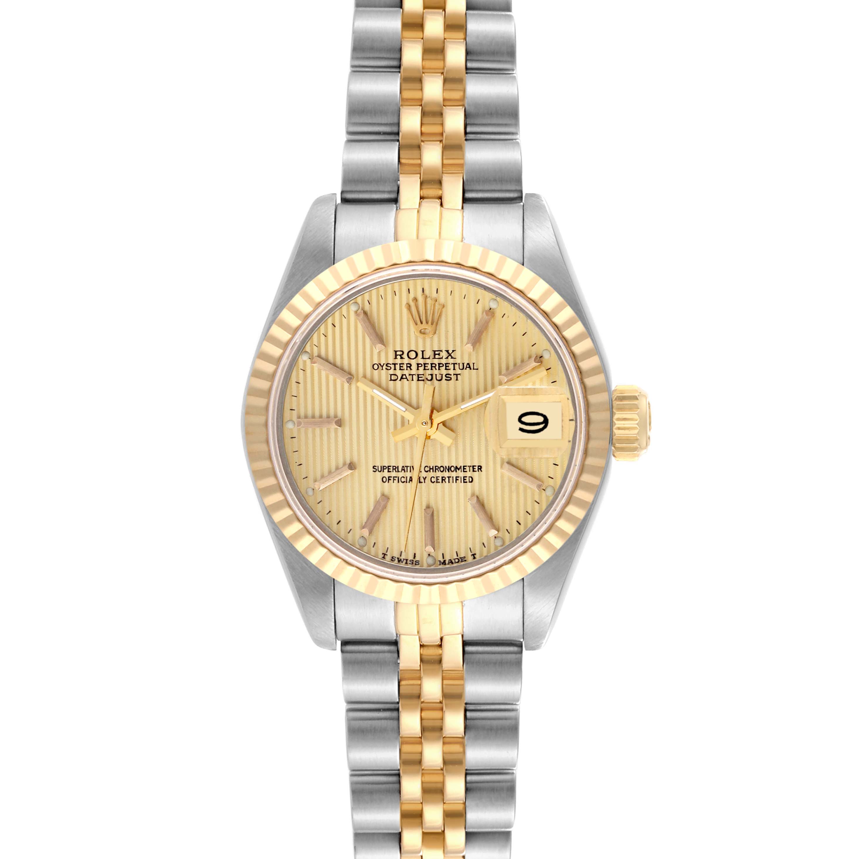 The Rolex Datejust 69173 Women
s Steel and Gold (two tone) Champagne Dial 69173 Women
s Steel and Gold (two tone) Champagne Dial watch is shown from a front angle, highlighting its gold dial, fluted bezel, and two-tone Jubilee bracelet.