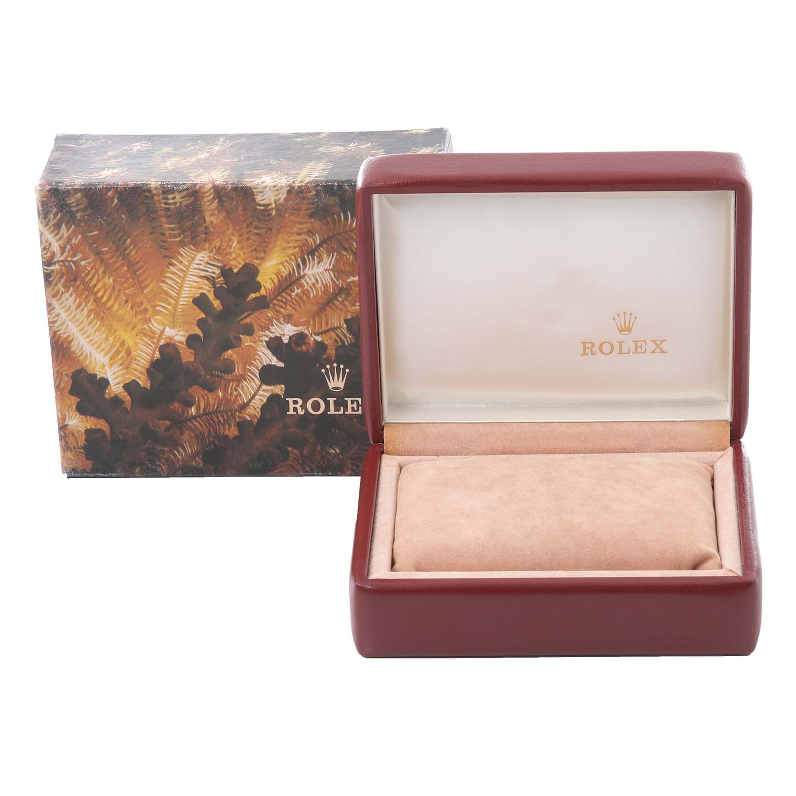 This image shows a Rolex Datejust 69173 Women
s Steel and Gold (two tone) Champagne Dial 69173 Women
s Steel and Gold (two tone) Champagne Dial watch box and outer packaging from a front angle, highlighting its logo and presentation.