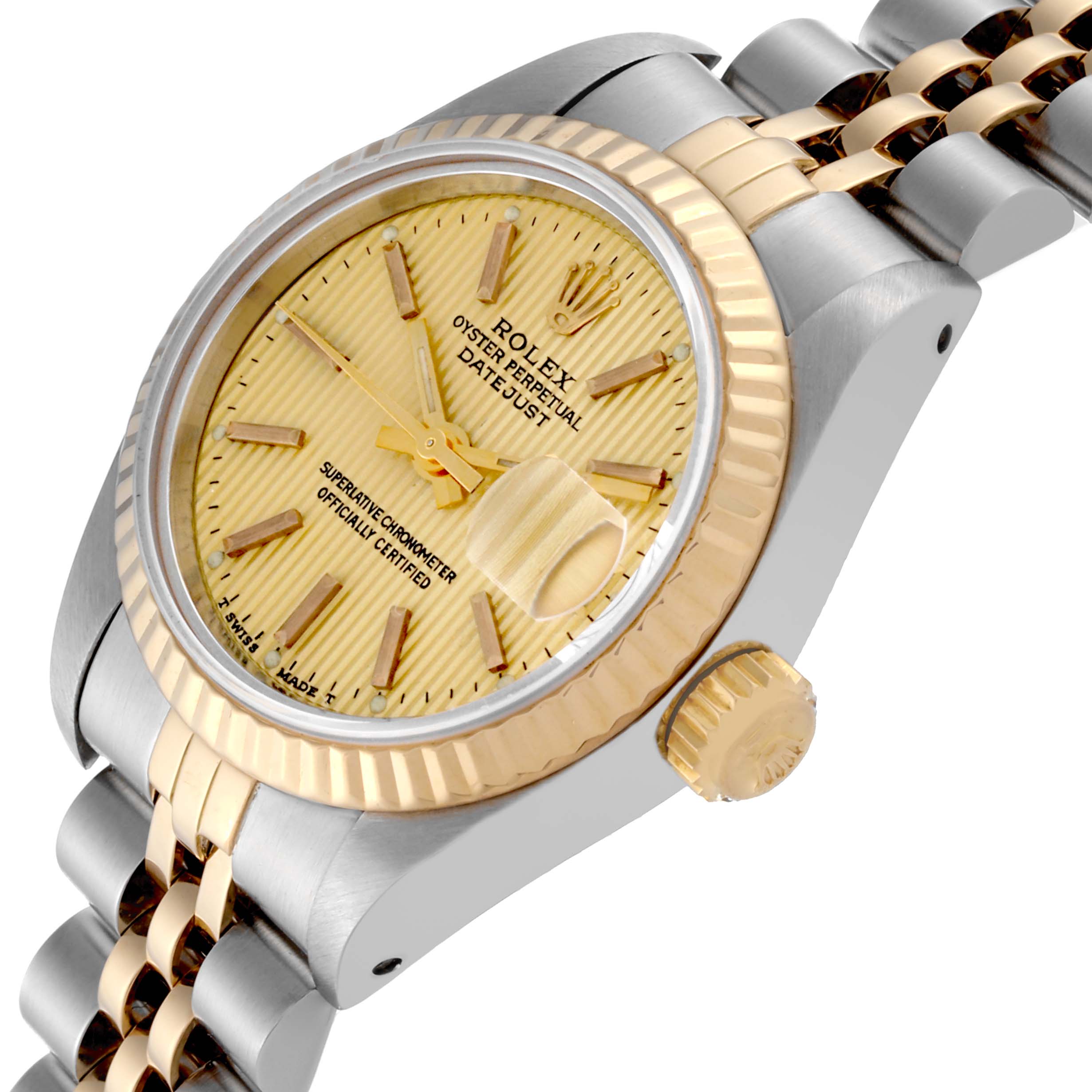 The Rolex Datejust 69173 Women
s Steel and Gold (two tone) Champagne Dial 69173 Women
s Steel and Gold (two tone) Champagne Dial watch is shown at an angle highlighting the gold dial, fluted bezel, and Jubilee bracelet.