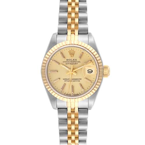 The Rolex Datejust watch is shown from the front, displaying the dial, bezel, and bracelet.