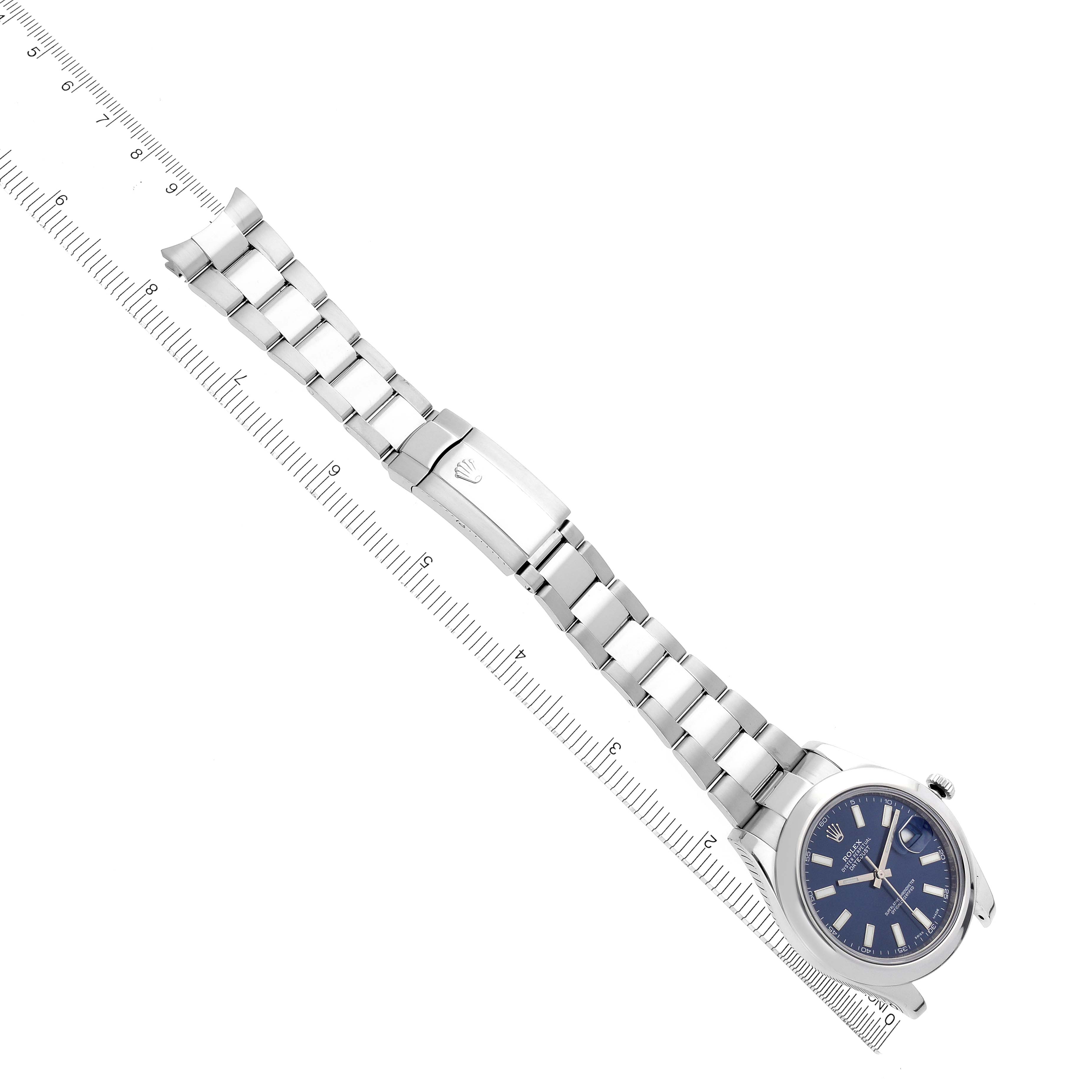 The Rolex Datejust 41 116300 Men
s Stainless Steel Blue Dial 116300 Men
s Stainless Steel Blue Dial is shown from a top-down angle, featuring its bracelet and dial.