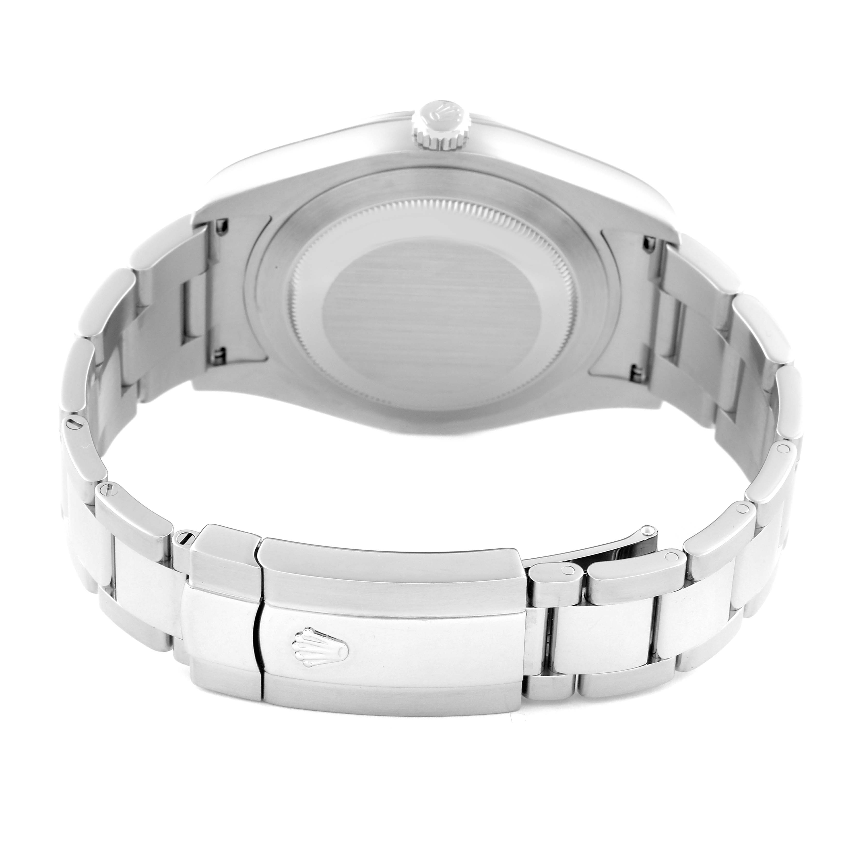 The image shows the back case and clasp of a Rolex Datejust 41 116300 Men
s Stainless Steel Blue Dial 116300 Men
s Stainless Steel Blue Dial watch from a rear angle.