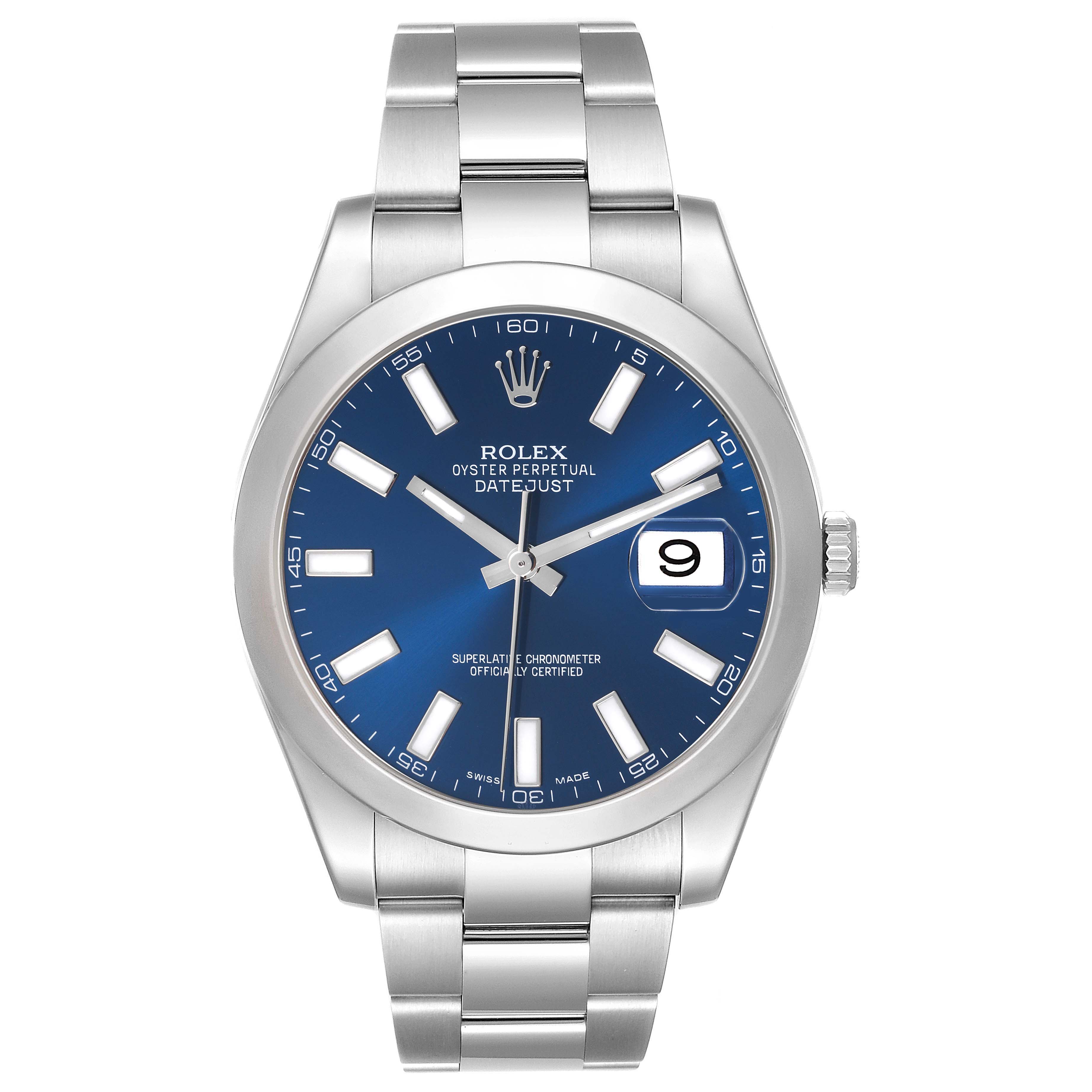 This Rolex Datejust 41 116300 Men
s Stainless Steel Blue Dial 116300 Men
s Stainless Steel Blue Dial watch is shown from the front, displaying the full dial, bracelet, and date window.