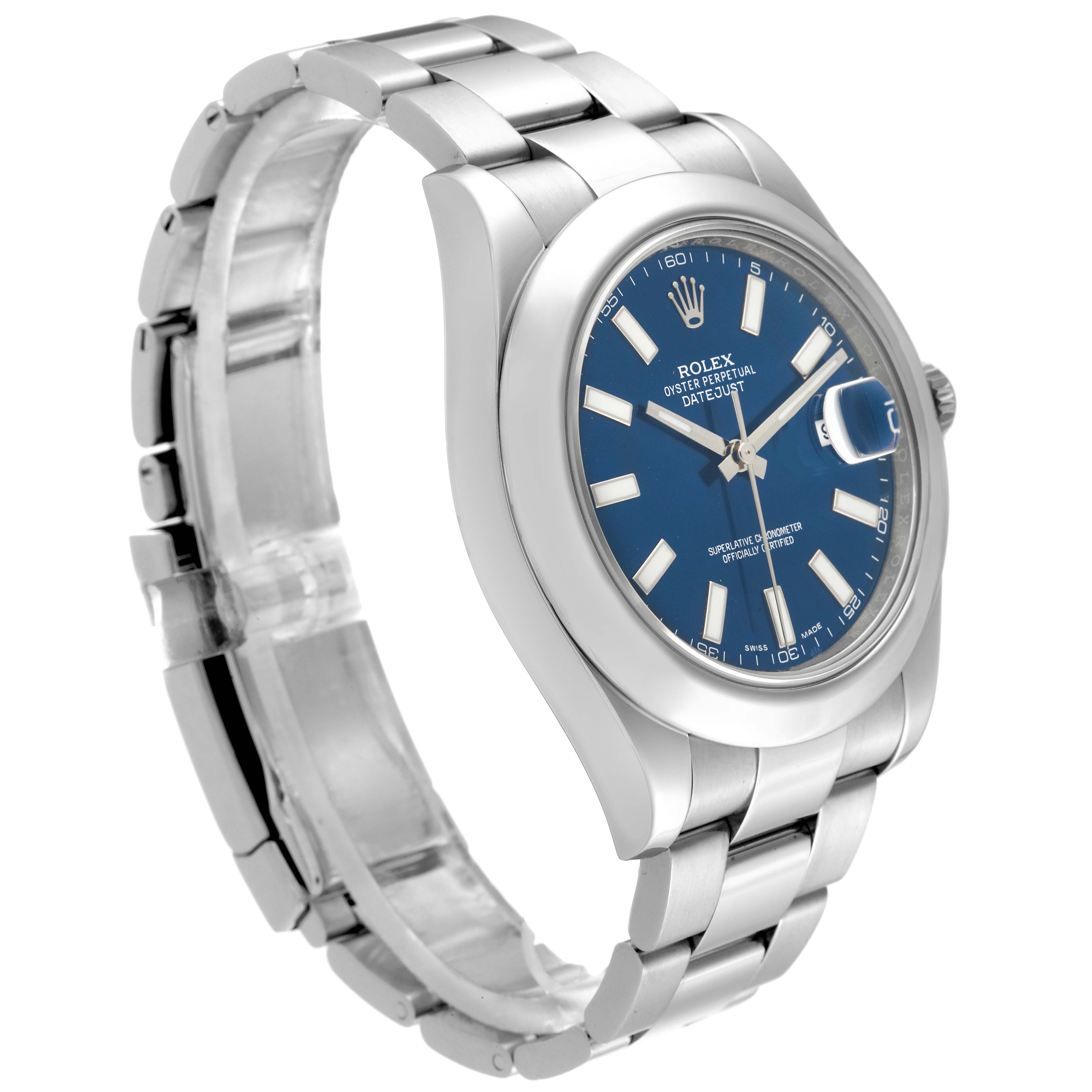 The Rolex Datejust 41 116300 Men
s Stainless Steel Blue Dial 116300 Men
s Stainless Steel Blue Dial is shown at an angle highlighting the face, bezel, and bracelet with a focus on the dial and indices.
