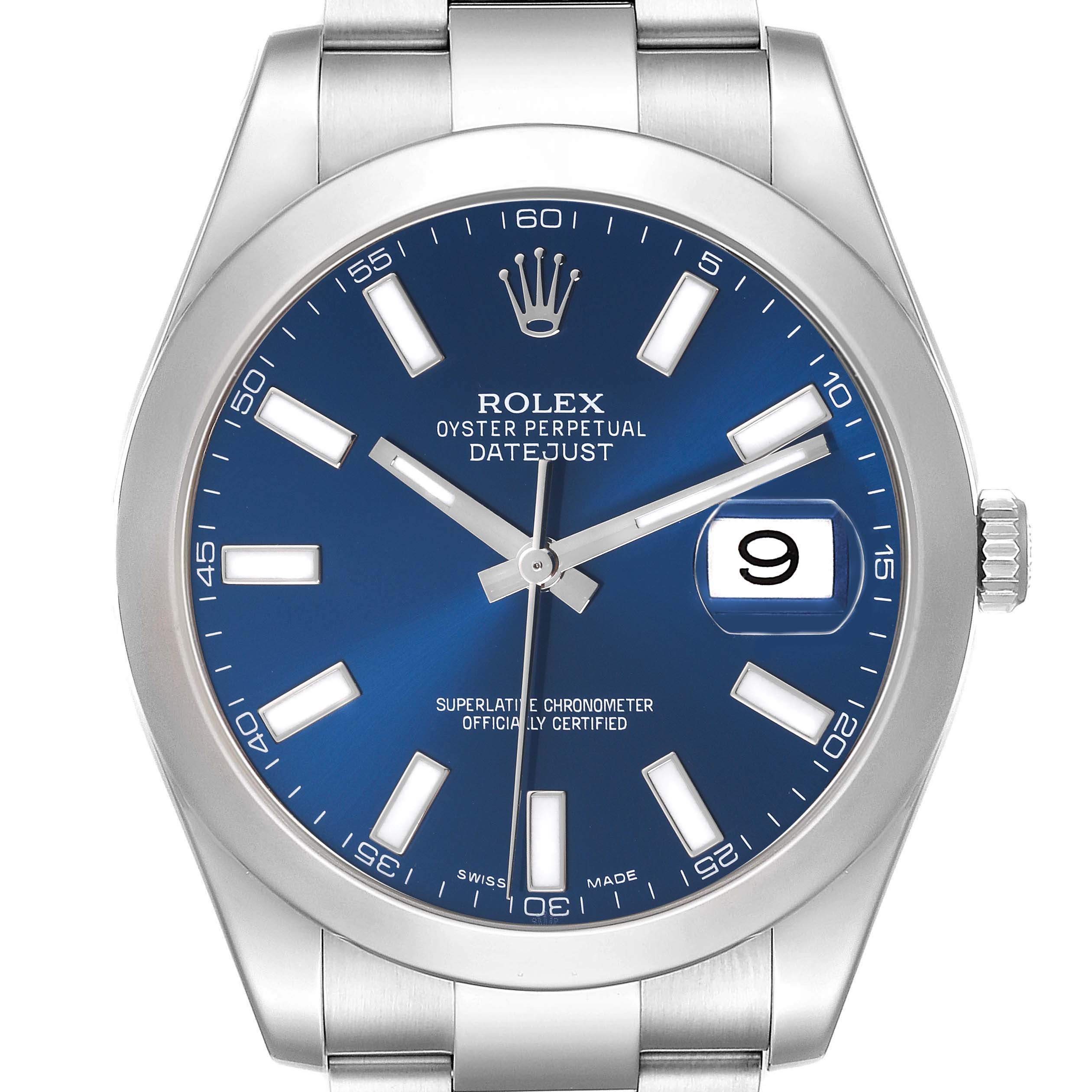 The image shows a frontal view of the Rolex Datejust 41 116300 Men
s Stainless Steel Blue Dial 116300 Men
s Stainless Steel Blue Dial, featuring its blue dial, bezel, and bracelet links.