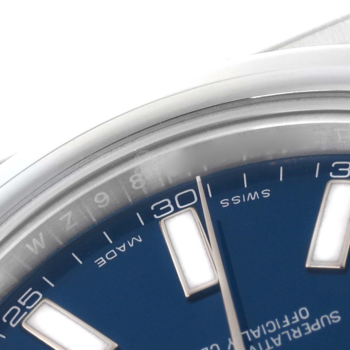 The image shows a close-up of the blue dial and hour markers of the Rolex Datejust 41 116300 Men
s Stainless Steel Blue Dial 116300 Men
s Stainless Steel Blue Dial.