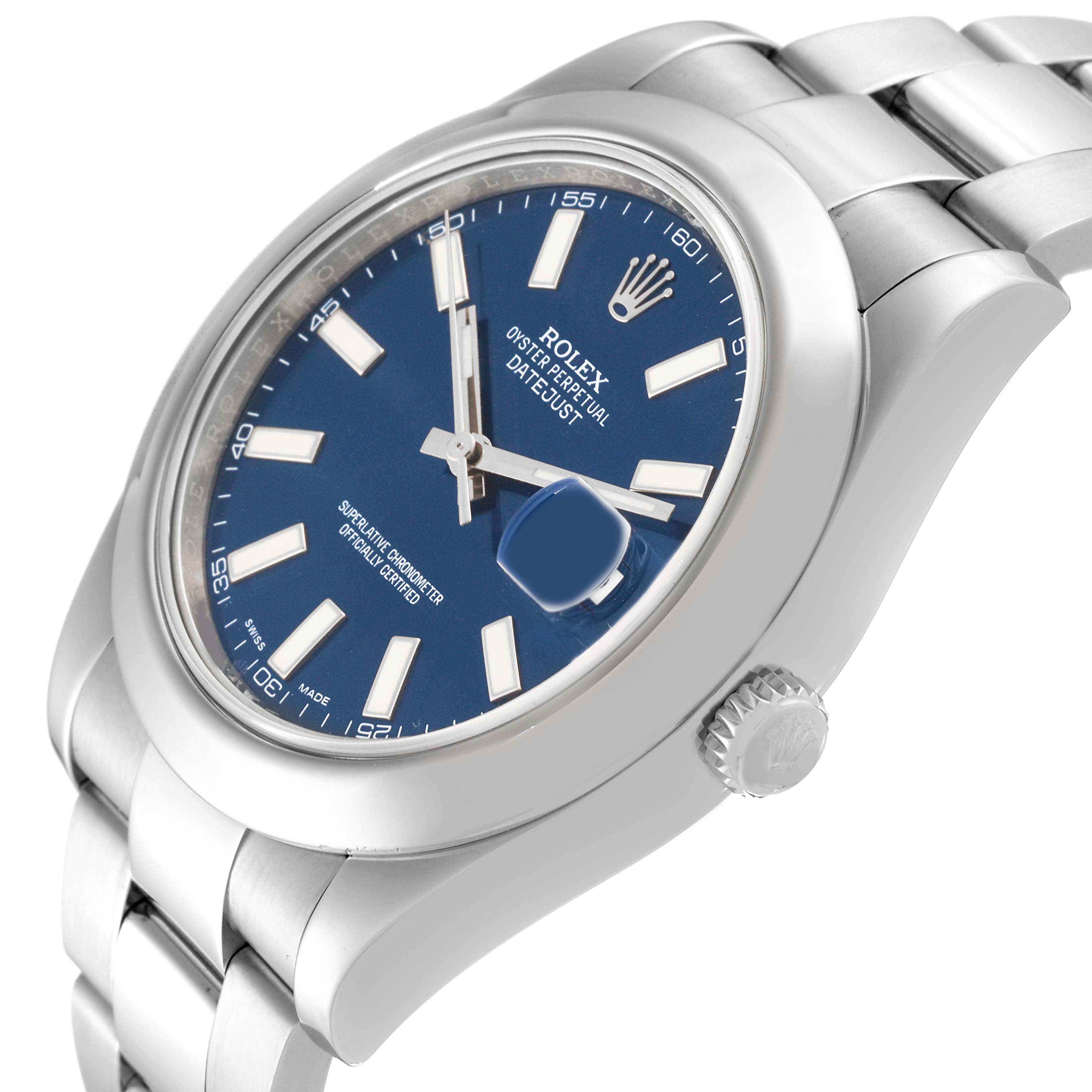The Rolex Datejust 41 116300 Men
s Stainless Steel Blue Dial 116300 Men
s Stainless Steel Blue Dial watch is shown at a slight angled side view, displaying the dial, case, crown, and part of the bracelet.
