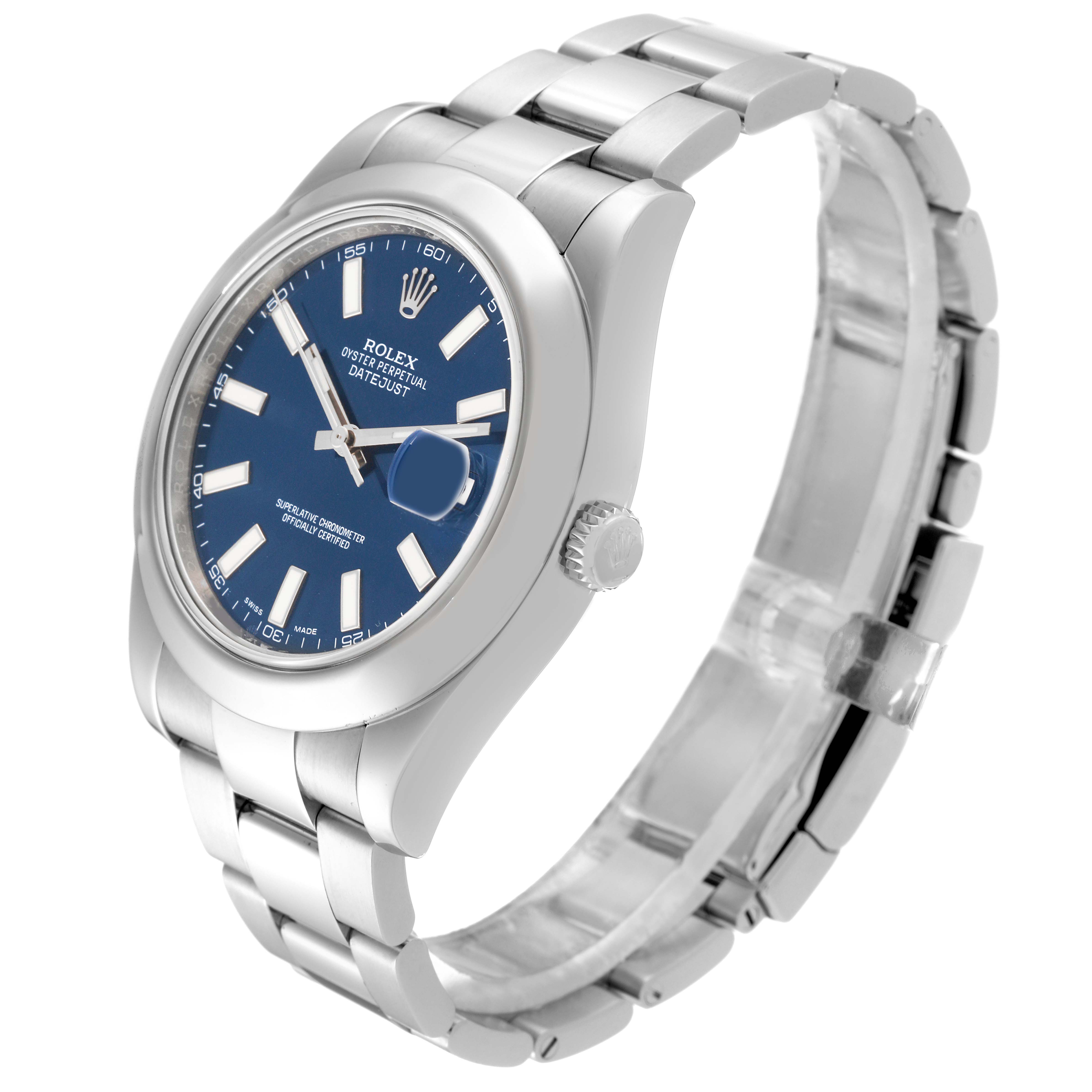 The Rolex Datejust 41 116300 Men
s Stainless Steel Blue Dial 116300 Men
s Stainless Steel Blue Dial watch is shown at a three-quarter angle, displaying the face, bezel, and part of the bracelet.